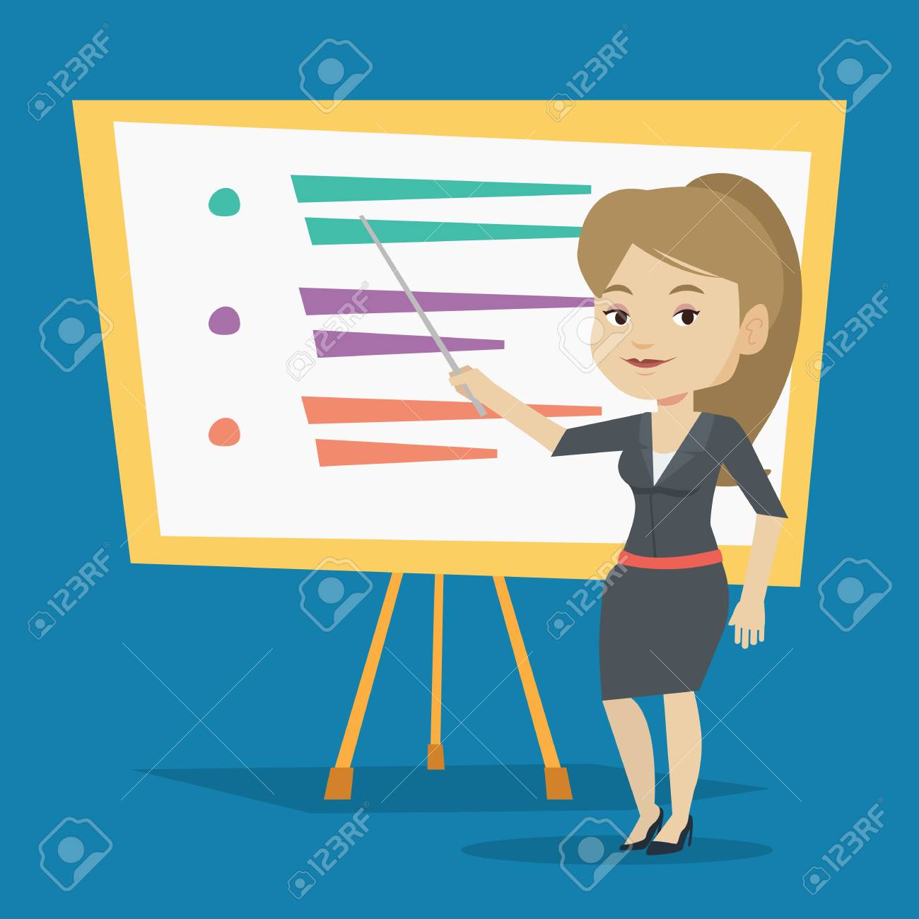 幸せな白人教師のポインターでボードの前に立って 教室内のポインターと立っている笑顔の先生 ポインターと若い先生 ベクトル フラットなデザイン イラスト 正方形のレイアウト のイラスト素材 ベクタ Image