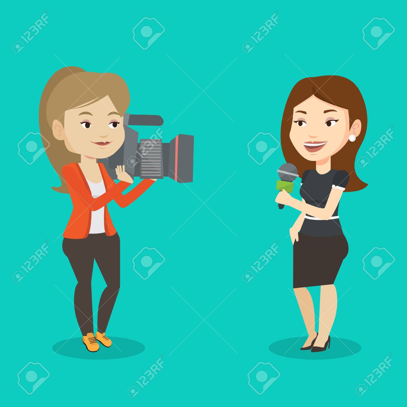 Professional Caucasian Female Reporter With Microphone Presenting The News Young Operator Filming Professional Caucasian Female Reporter With Microphone Presenting The News Young Operator Filming