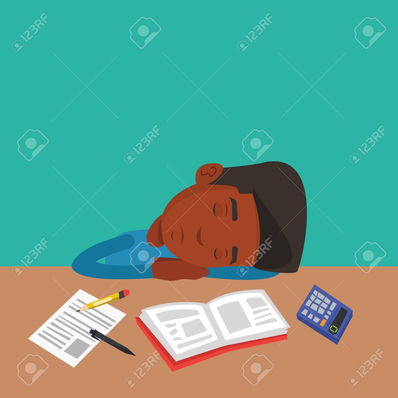 Tudiant African American Fatiguee Dormir Au Bureau Avec Des Livres Etudiant Fatigue Dormir Apres Avoir Appris Jeune Homme Qui Dort Parmi Les Livres A La Table Vector Design Plat Illustration Layout Square Clip