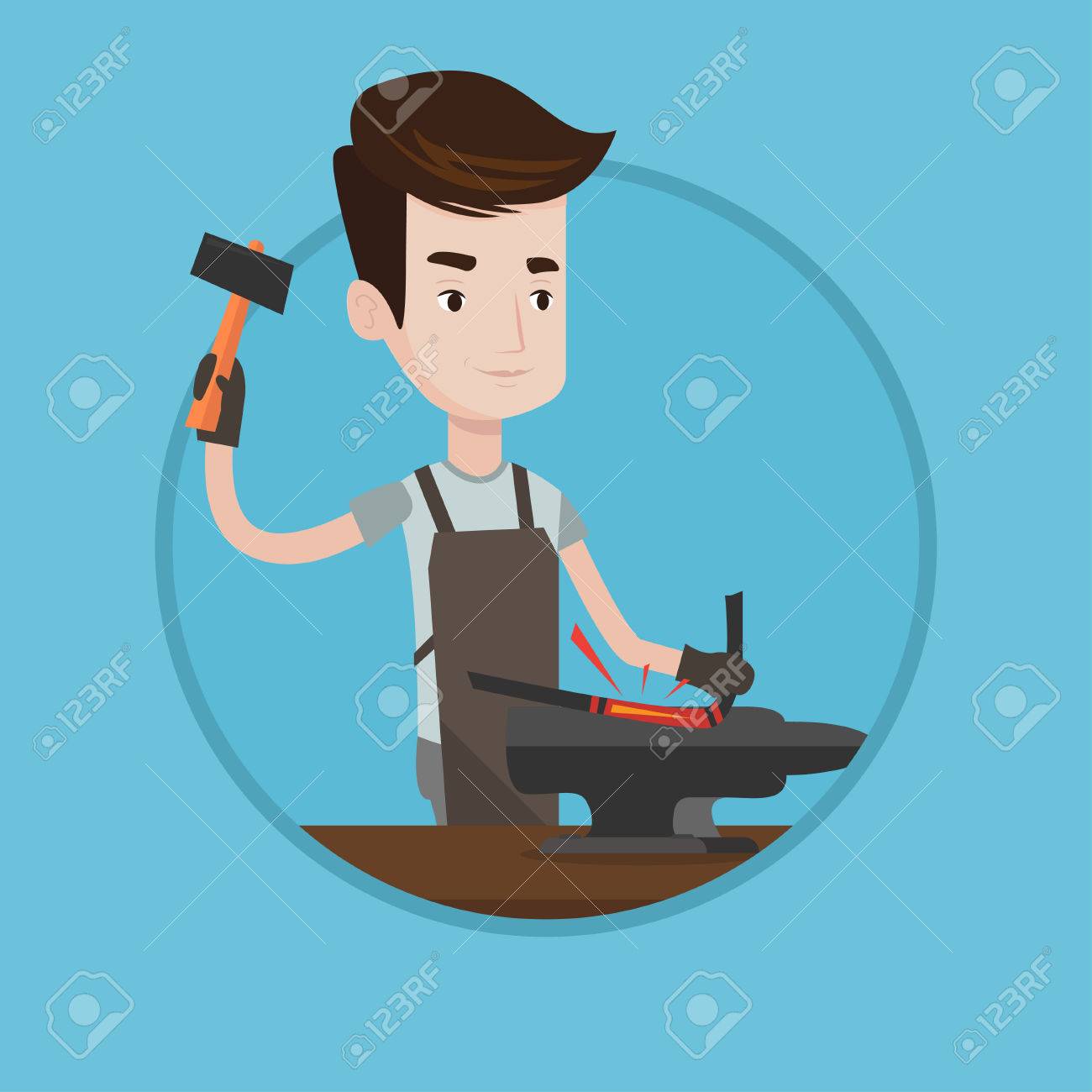 鍛冶作業金属鍛造にアンビル ハンマー 鍛冶屋の仕事で鍛冶屋 アンビルの鍛冶屋の鍛造金属 ベクター背景に分離されたサークルでフラットなデザイン イラスト のイラスト素材 ベクタ Image