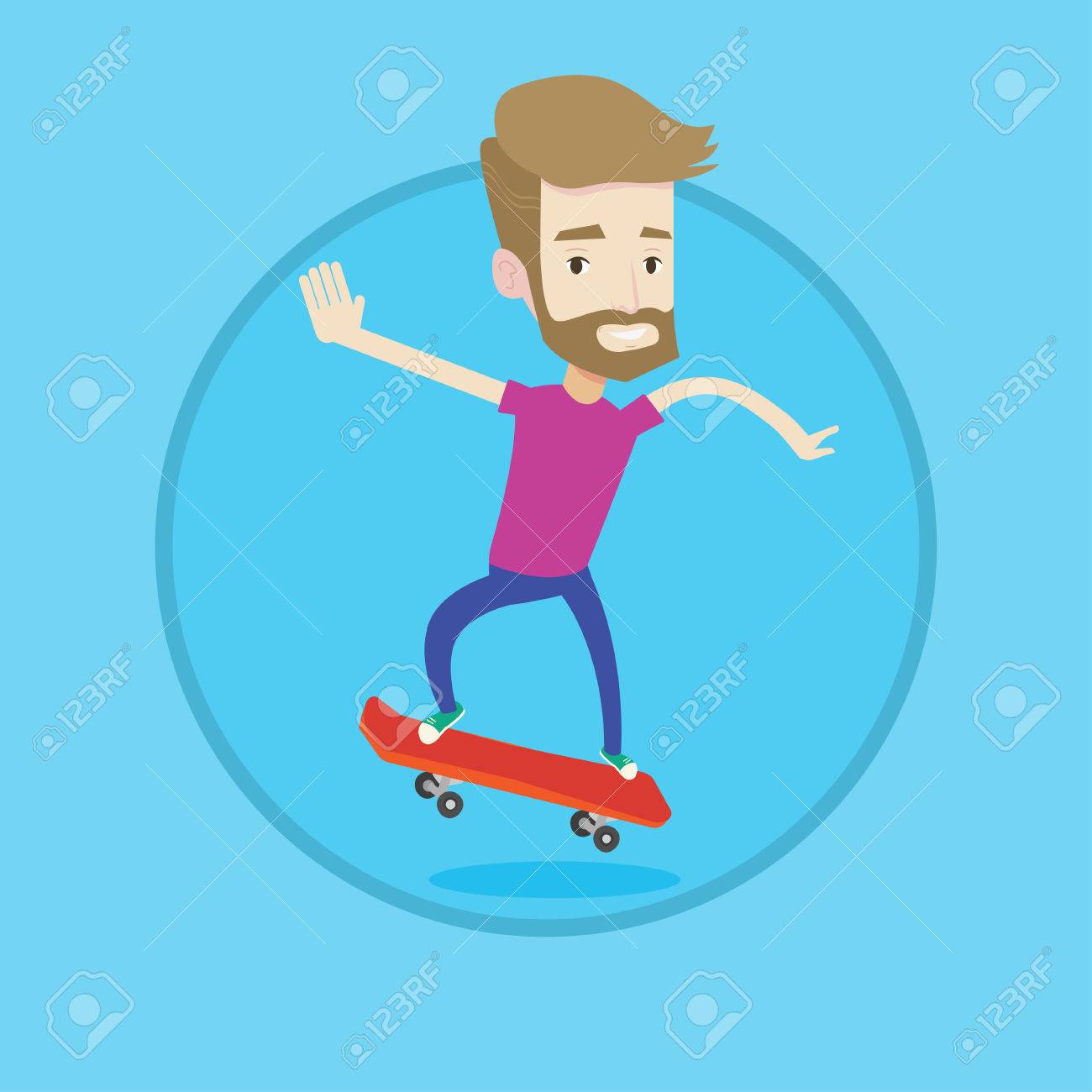 流行に敏感な人がスケート ボードに乗って 幸せな白人男のスケート ボードします 若いスケーターがスケート ボードに乗っています 男はスケート ボードでジャンプします ベクター背景に分離されたサークルでフラットなデザイン イラスト のイラスト素材 ベクタ