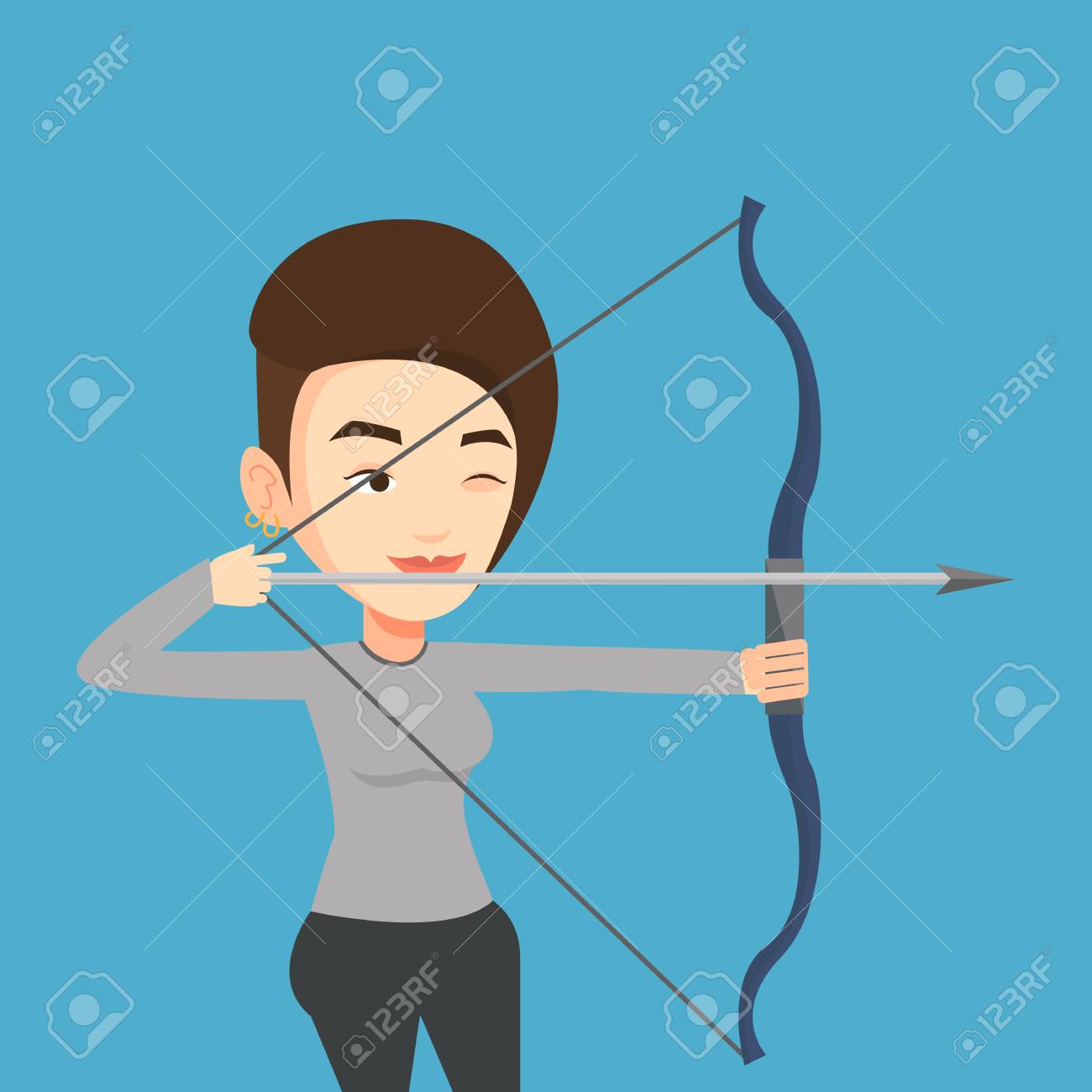 若い白人のスポーツウーマンはアーチェリーの練習します 陽気な女性の弓でトレーニングに集中しました アーチェリー選手の手で弓を目指してします ベクトル フラットなデザイン イラスト 正方形のレイアウト のイラスト素材 ベクタ Image 6157