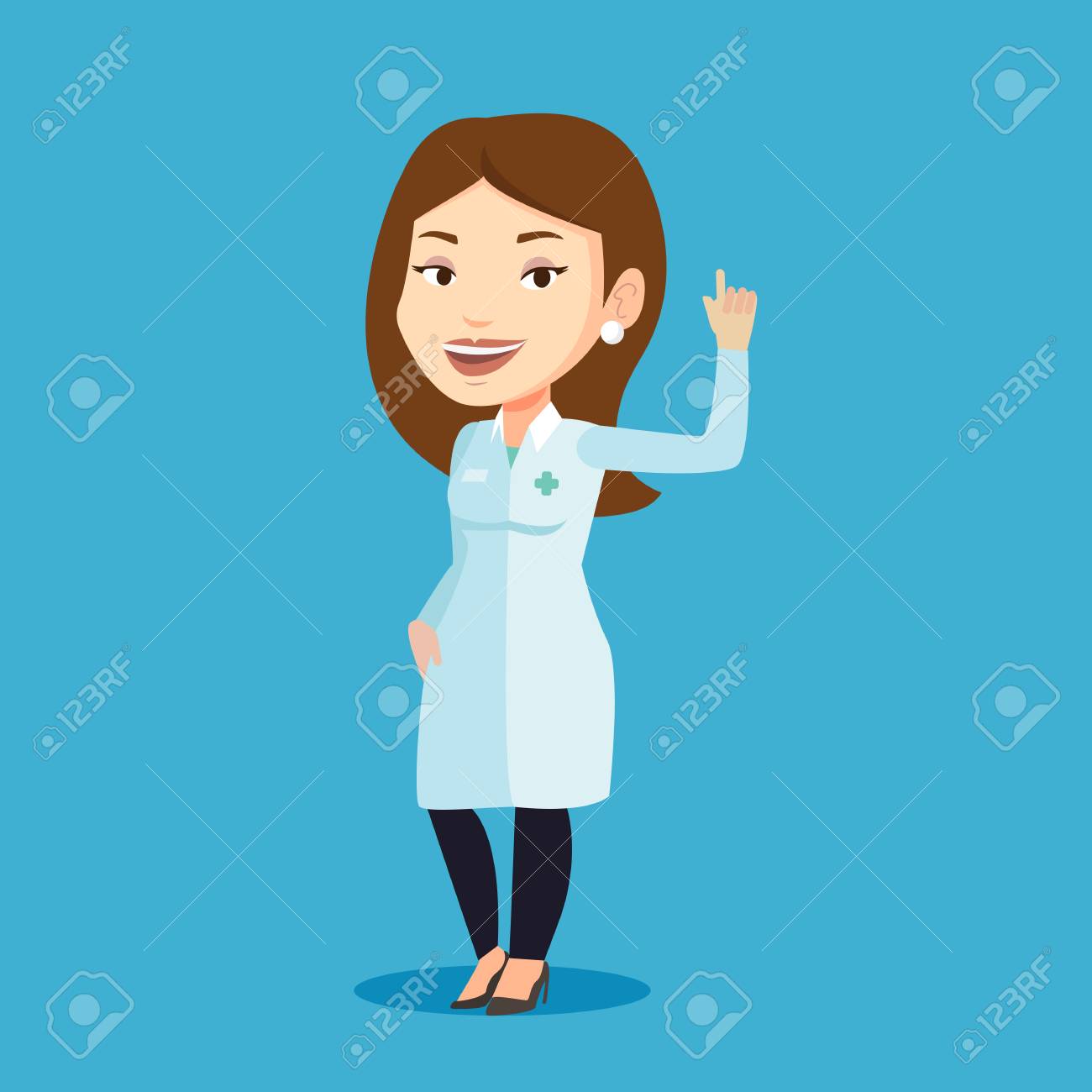 指を現して医療ガウンの女性医師 指で若い白人の医者 医者を制服