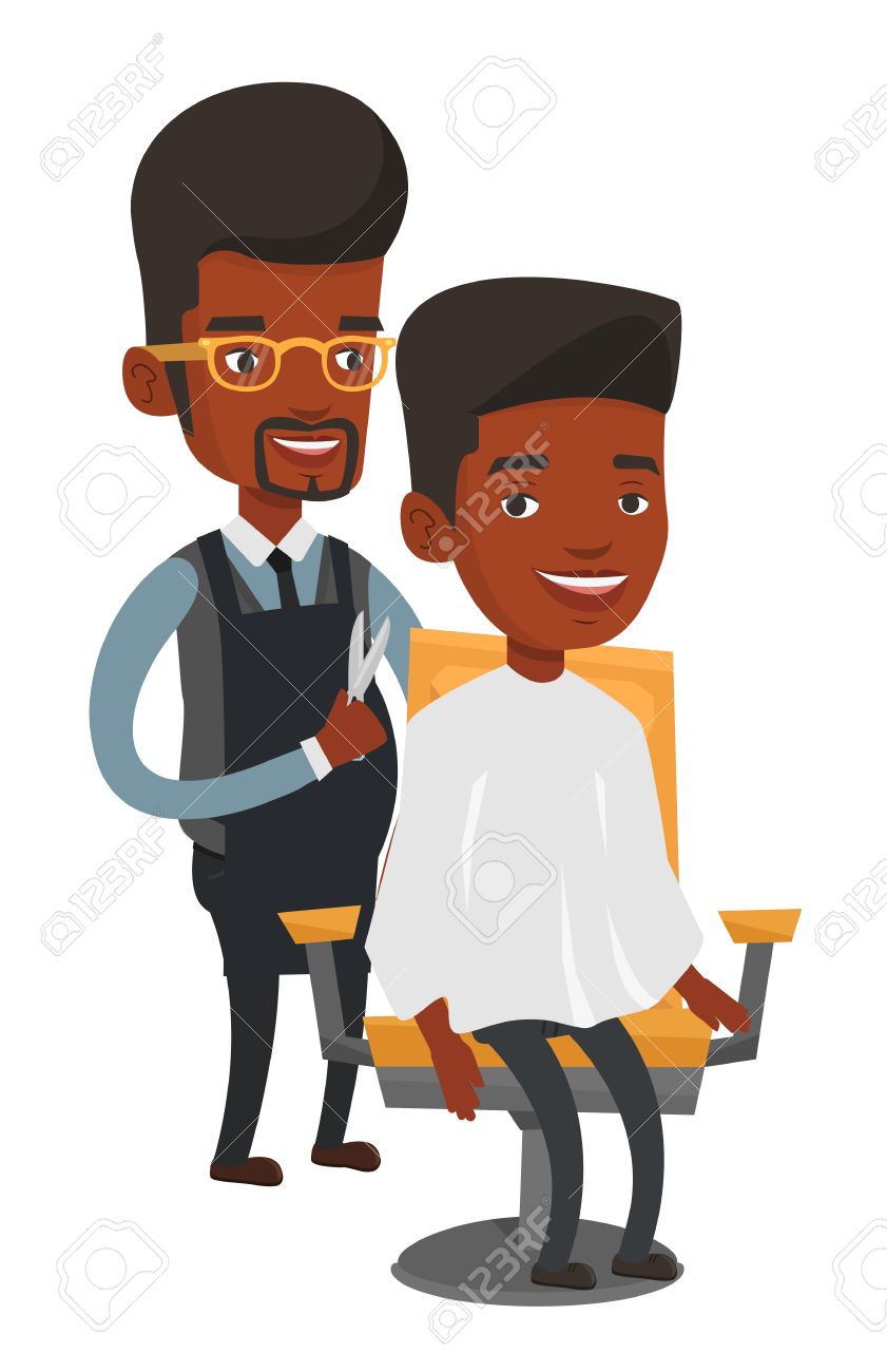 Une Coupe De Cheveux De Coiffure Afro Americaine De L Homme Au Salon De Coiffure Coiffeur Professionnel Faisant Couper Les Cheveux A Un Client Avec Des Ciseaux En Salon De Coiffure Vector Design Plat