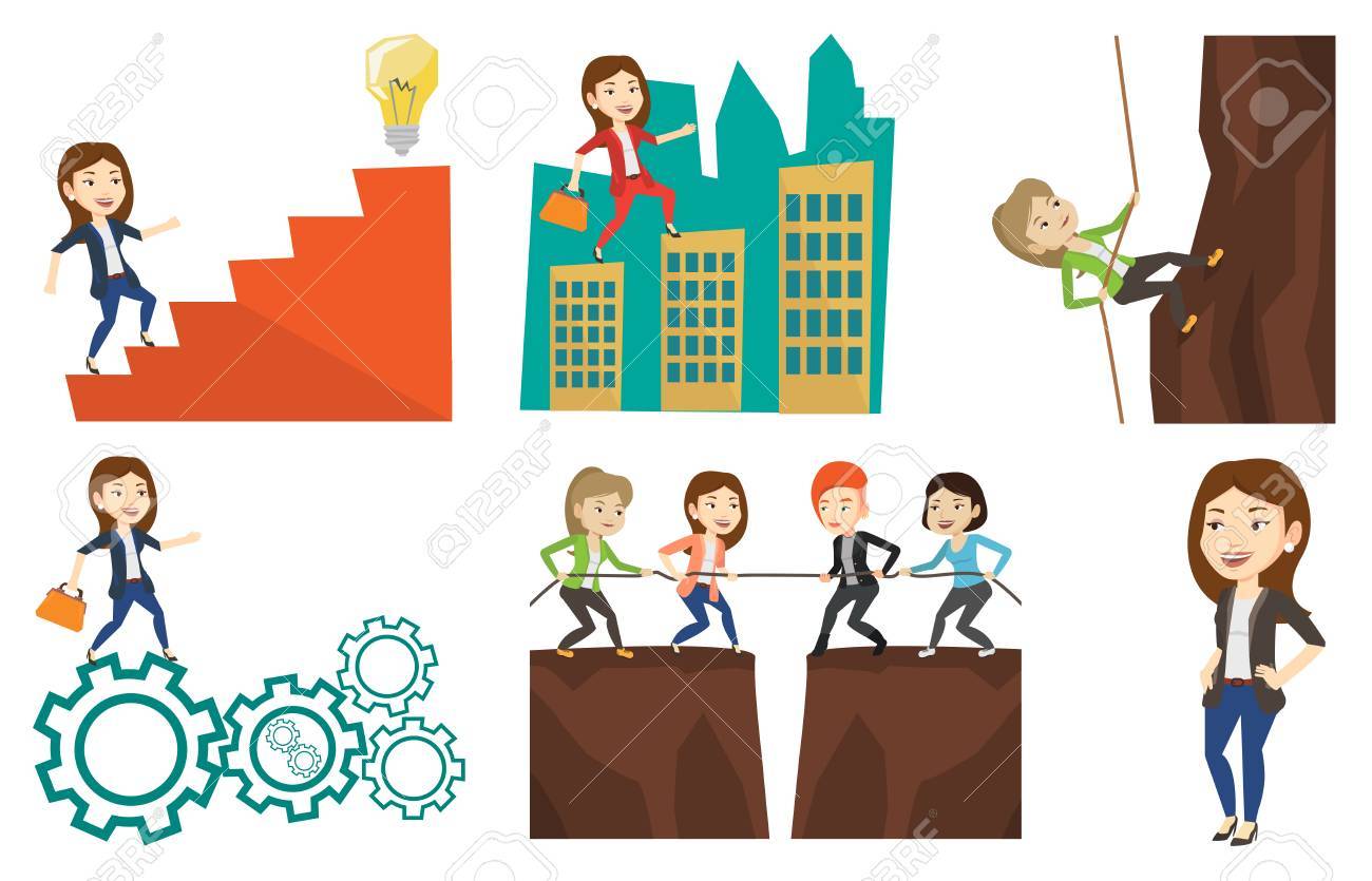 白人のビジネスの女性は 岩の上に登る ビジネスの女性は ロープを使用して山に登る ビジネス上の課題の概念 ベクトル フラットなデザインのイラストが白い背景で隔離のセット のイラスト素材 ベクタ Image