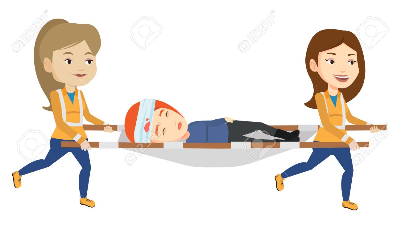 白人の緊急医師 担架で犠牲者を輸送します 運ぶ緊急の医師のチームには 医療ストレッチャー上の女性が負傷しました ベクトル フラットなデザイン イラスト は 白い背景で隔離 のイラスト素材 ベクタ Image