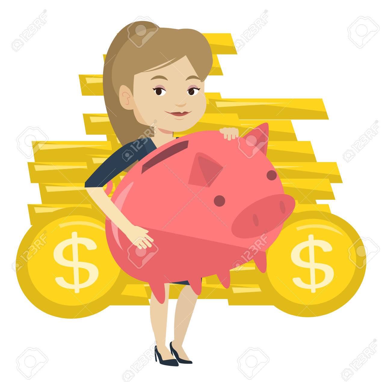 ピンクの貯金と白人ビジネス女性 ビジネスの女性は 大きな貯金を保持しています ビジネスの女性は 貯金箱にお金を節約します ベクトル フラットなデザイン イラストは 白い背景で隔離 のイラスト素材 ベクタ Image