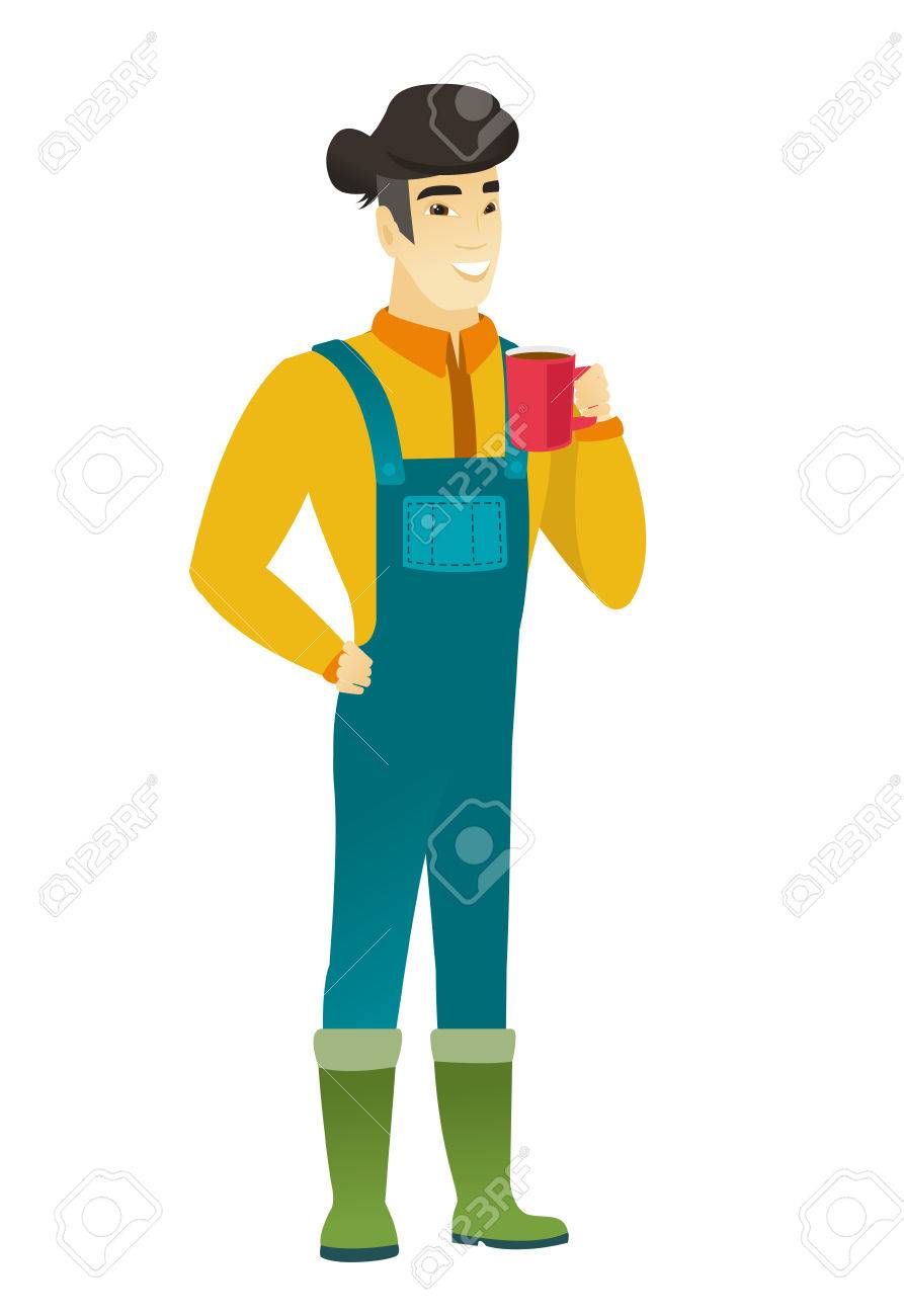 一杯のコーヒーを保持しているつなぎ服のアジアの笑顔の農家 コーヒーを飲む若い農夫の全長 幸せ一杯のコーヒー農家 ベクトル フラットなデザイン イラストは 白い背景で隔離 のイラスト素材 ベクタ Image