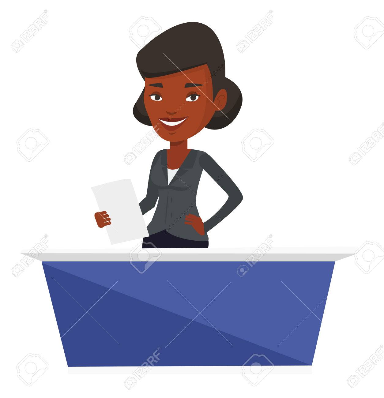 アフリカ テレビ アナウンサー中スタジオでライブ中継 テレビ アナウンサーがスタジオで働いています テレビのアナウンサーがニュースを報告します ベクトル フラットなデザイン イラストは 白い背景で隔離 のイラスト素材 ベクタ Image