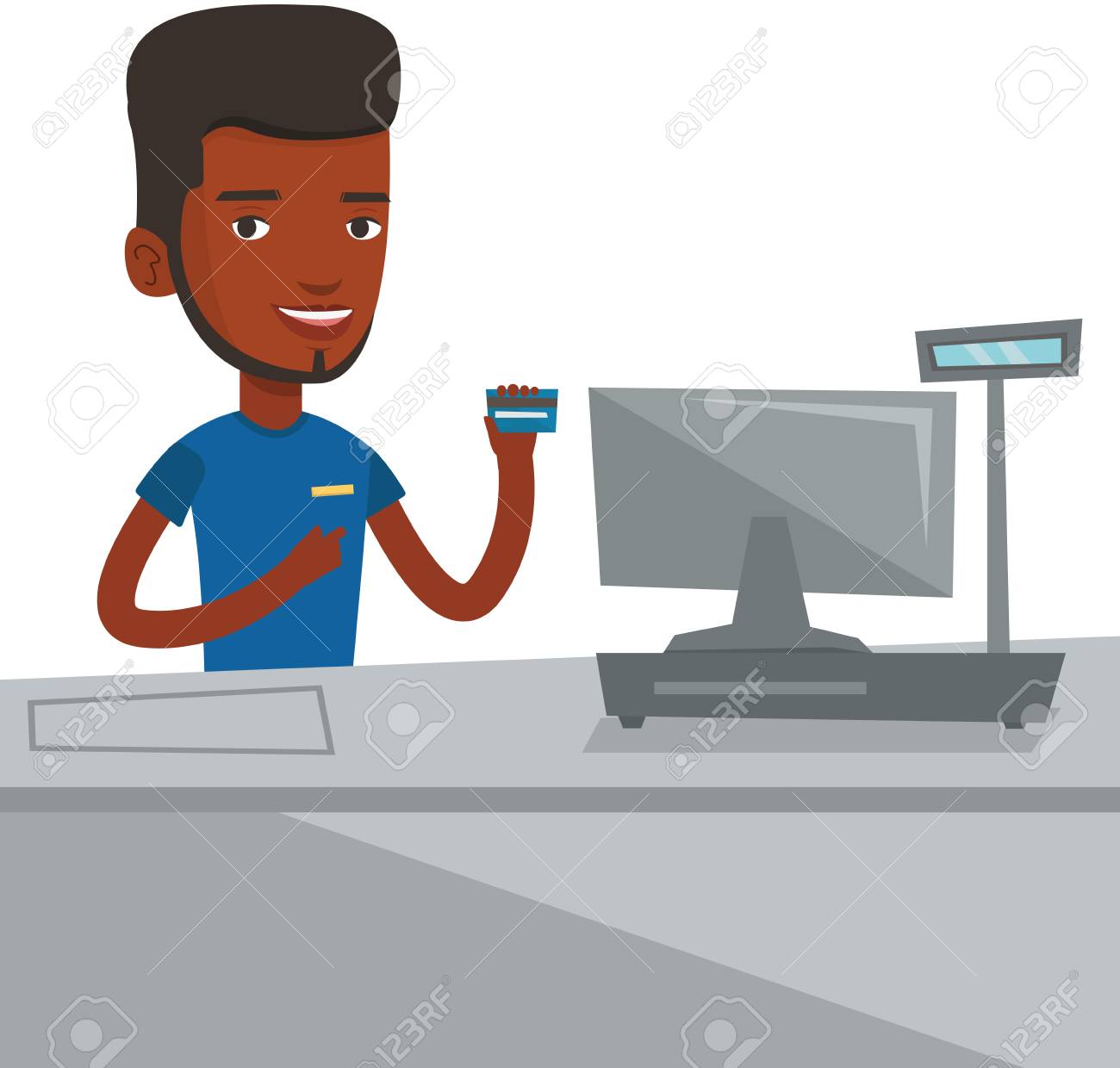 アフリカ系アメリカ人のキャッシャーのスーパー マーケットでレジに立っているとクレジット カードを見せてください レジはスーパーのレジで働いています 白い背景に分離されたベクトル フラット設計図のイラスト素材 ベクタ Image