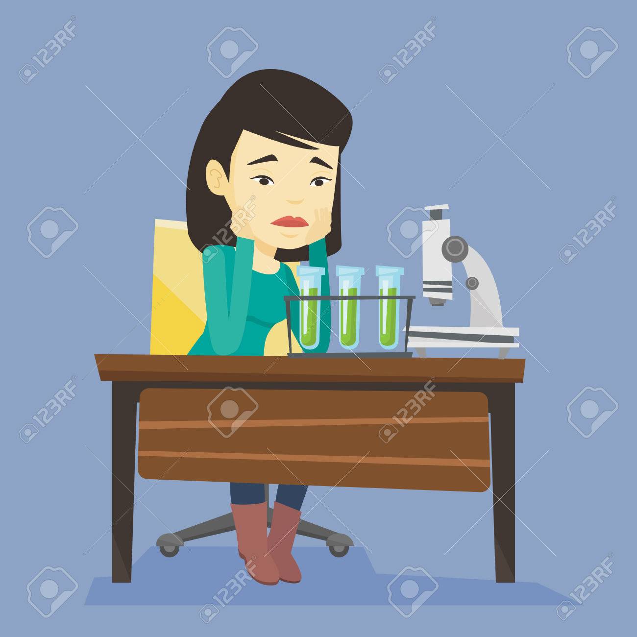 Sad Asian Student Clutching Head After Failed Experiment In Chemistry Class.  Disappointed Asian Student Carrying Out Experiment In Chemistry Class.  Vector Flat Design Illustration. Square Layout. Royalty Free SVG, Cliparts,  Vectors, and