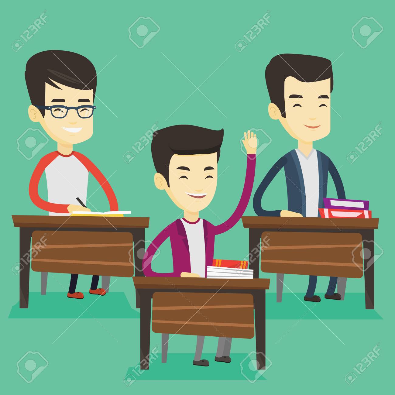 学生の答えを教室で手を上げます 挙手で机に座って幸せな学生 巧妙な学生のレッスンで彼の手を上げます ベクトル フラットなデザイン イラスト 正方形のレイアウト のイラスト素材 ベクタ Image