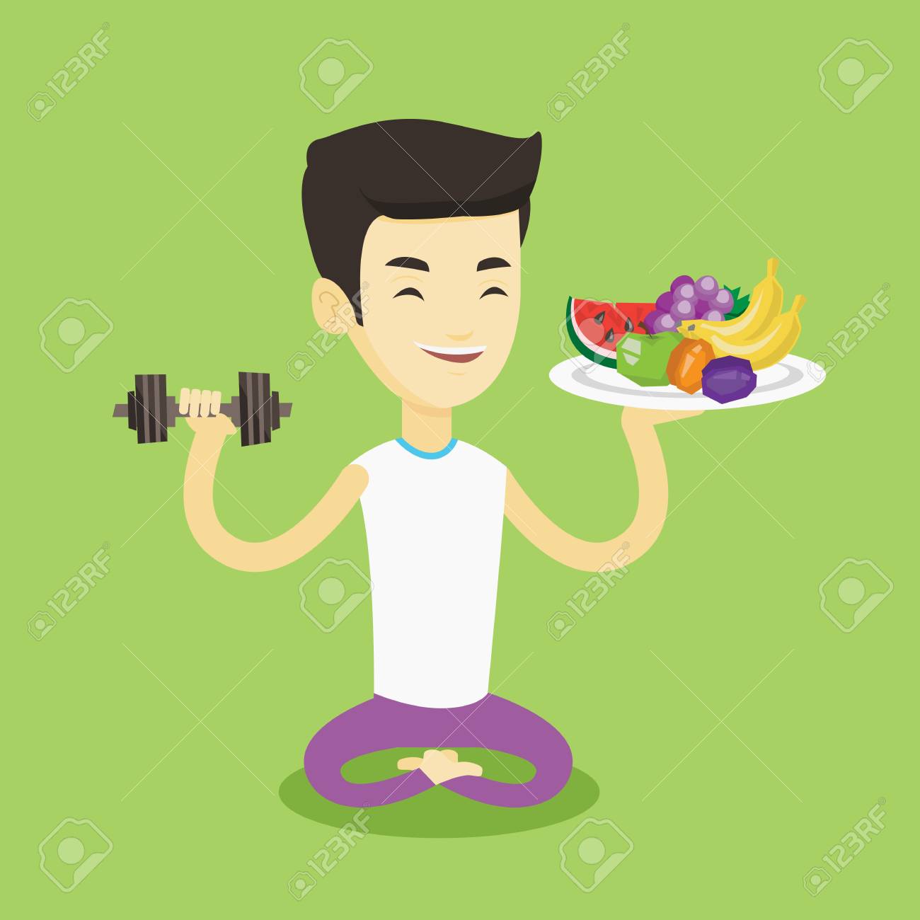 Homme En Bonne Sante Avec Des Fruits Et Des Halteres Clip Art Libres De Droits Vecteurs Et Illustration Image