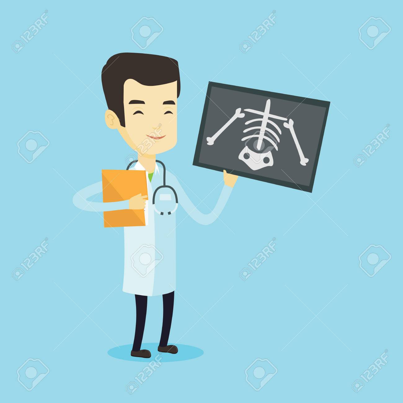 Asian doctor examining a radiograph. Young smiling doctor in medical gown looking at a chest radiograph. Doctor observing a skeleton radiograph. Vector flat design illustration. Square layout. - 74078180 Asian doctor examining a radiograph. Young smiling doctor in medical gown looking at a chest radiograph. Doctor observing a skeleton radiograph. Vector flat design illustration. Square layout. - 74078180