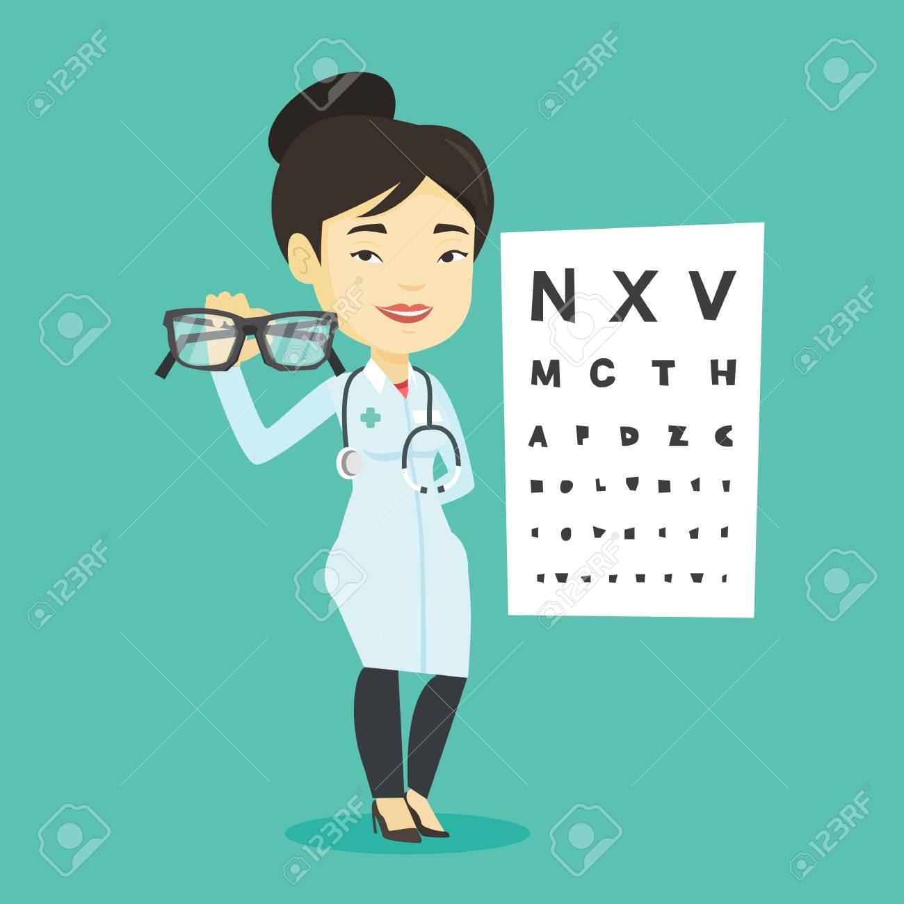 眼鏡を与えるアジア眼科医師 眼科医師が目のグラフの背景に眼鏡を保持しています 眼科医がメガネを提供しています ベクトル フラットなデザイン イラスト 正方形のレイアウト のイラスト素材 ベクタ Image