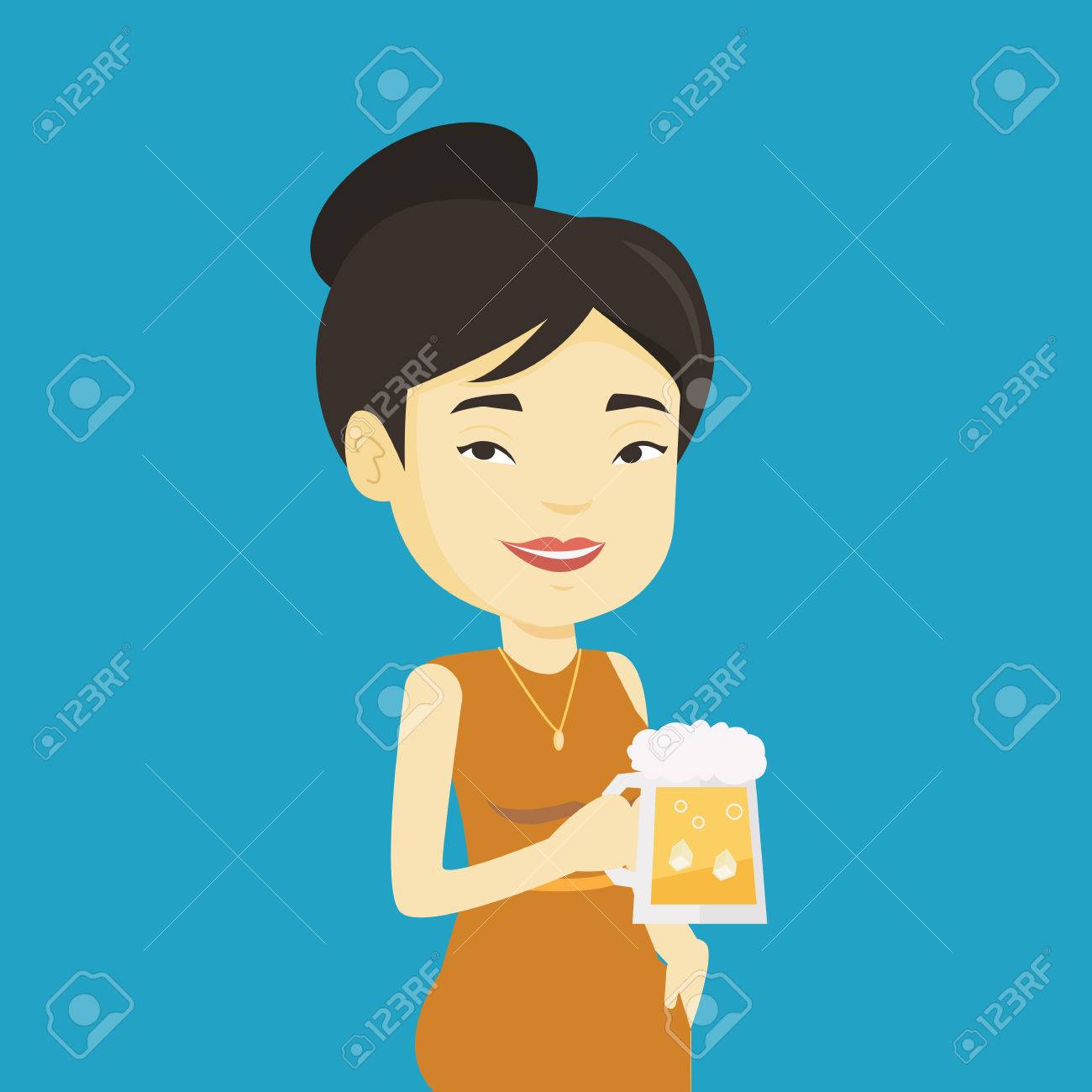 若いアジアの女性はビールで祝います ビールの大きなガラスを保持している女性の笑みを浮かべてください 女性ビールのファンの完全な長さ パブでビールを 飲む女性 ベクトル フラットなデザイン イラスト 正方形のレイアウト のイラスト素材 ベクタ Image