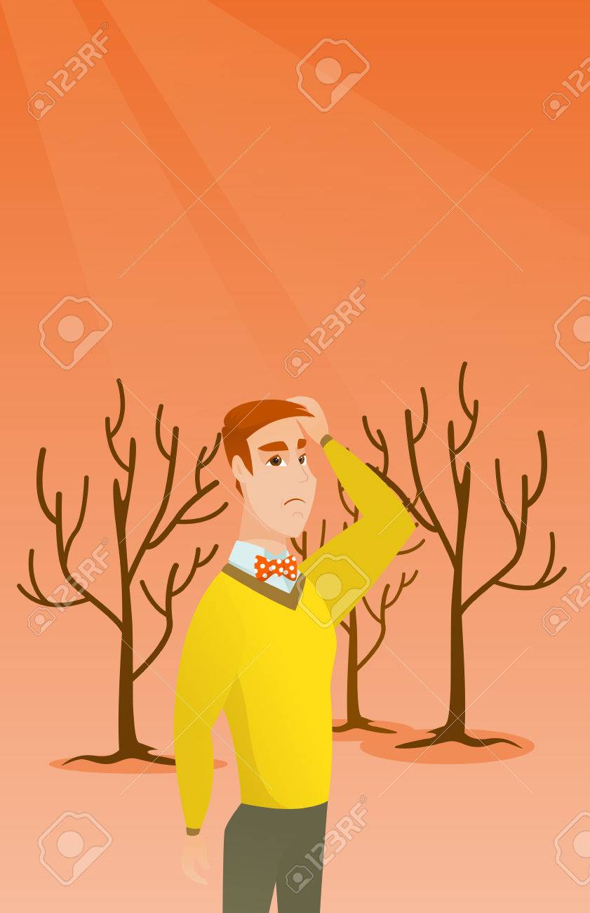 白人男は死んだ森の背景に頭を悩ま 地球温暖化や野火によるデッド フォレスト 環境破壊の概念 ベクトル フラットなデザイン イラスト 縦のレイアウト の イラスト素材 ベクタ Image