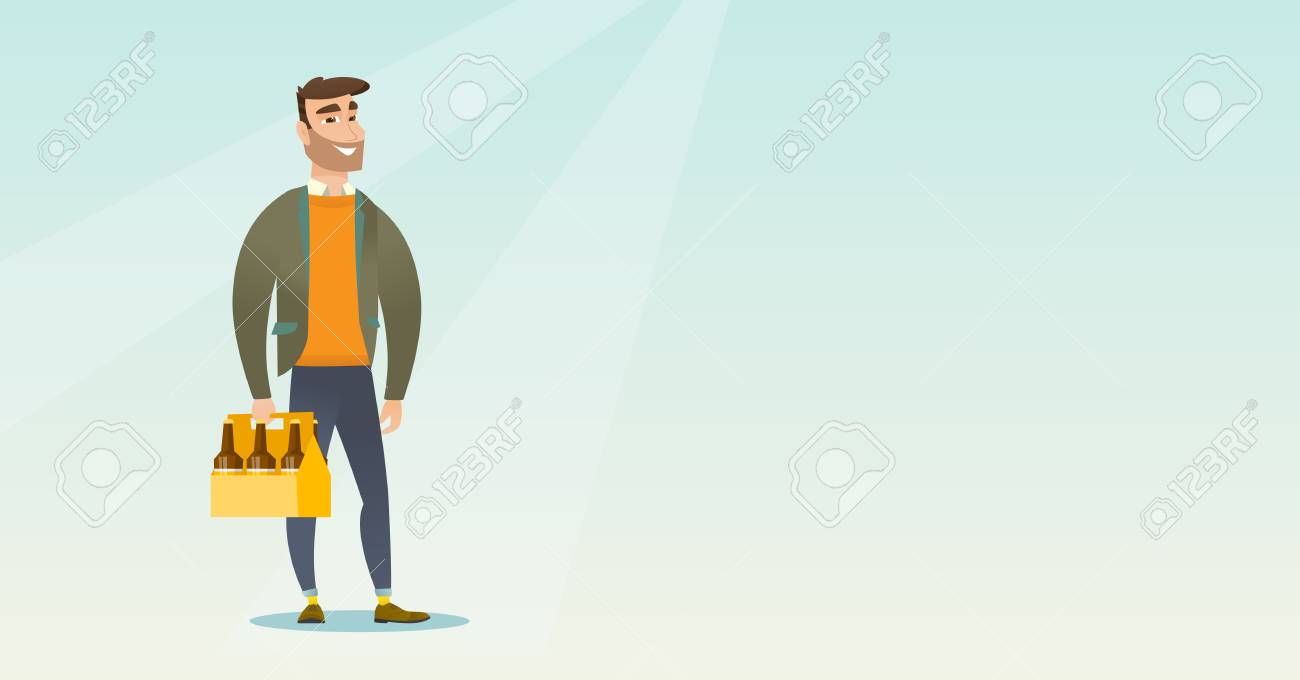 若い幸せな男がビールのパックを保持しています ビールのシックス パックを運ぶ陽気な流行に敏感な男の完全な長さ 白人笑みを浮かべて男がビールを購入します ベクトル フラットなデザイン イラスト 水平方向のレイアウト のイラスト素材 ベクタ Image