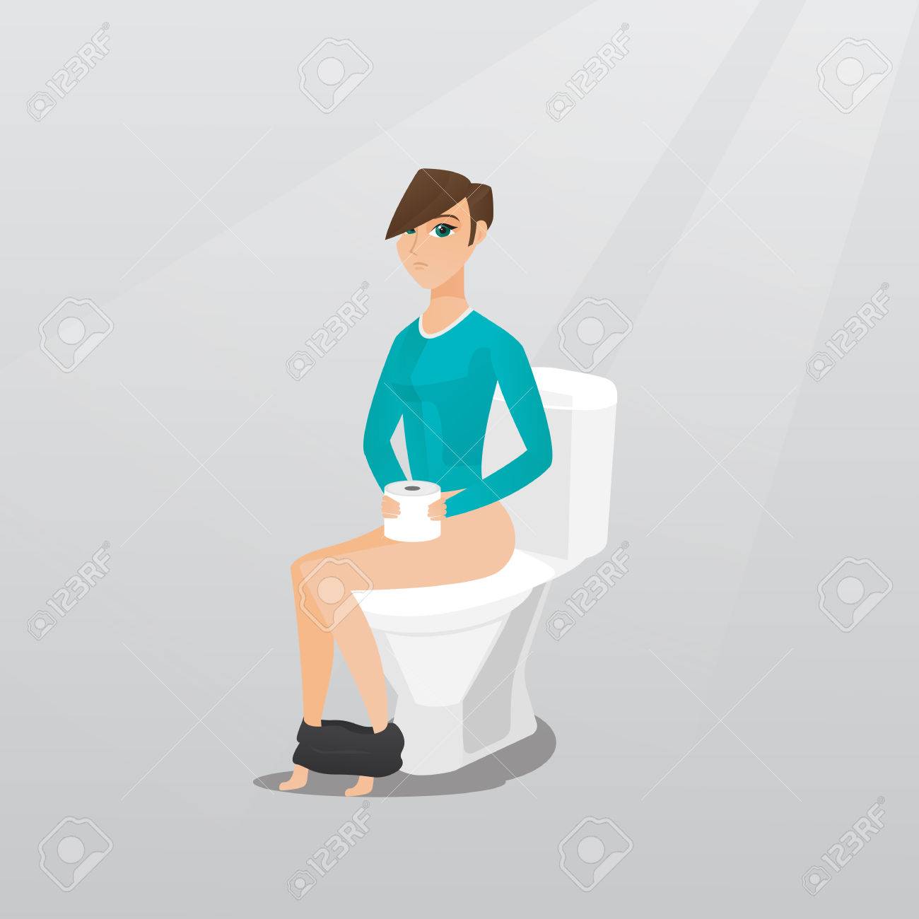 白人女性の便器に座っていると下痢に苦しんで トイレット ペーパーのロールを保持していると下痢に苦しんでの女性 下痢と病気の女の子 ベクトル フラットなデザイン イラスト 正方形のレイアウトのイラスト素材 ベクタ Image