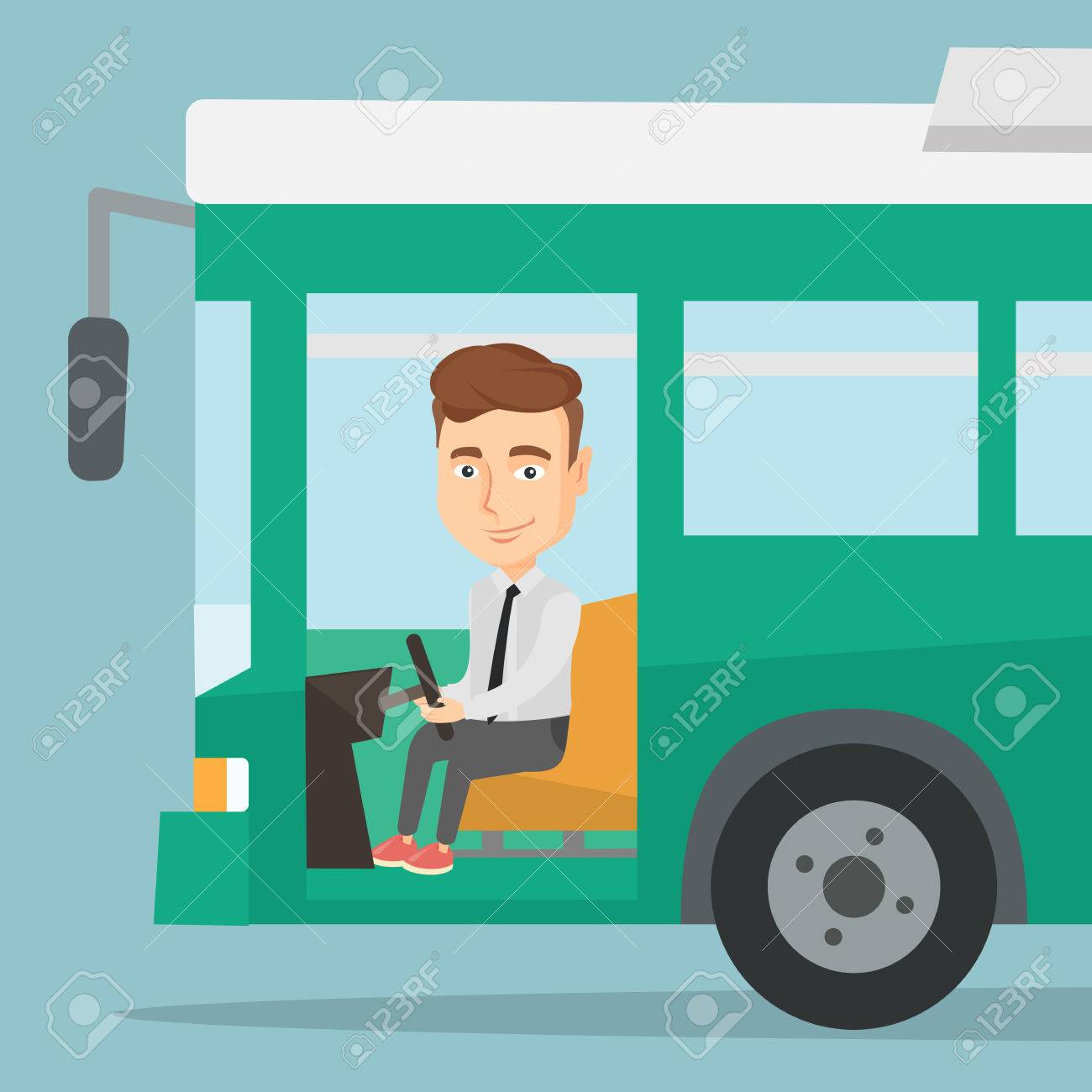 白人のバス ドライバーは ステアリング ホイールに座っています バスの運転手が乗客バスを運転します タクシーの運転席でバスの運転手 ベクトル フラットなデザイン イラスト 正方形のレイアウト のイラスト素材 ベクタ Image