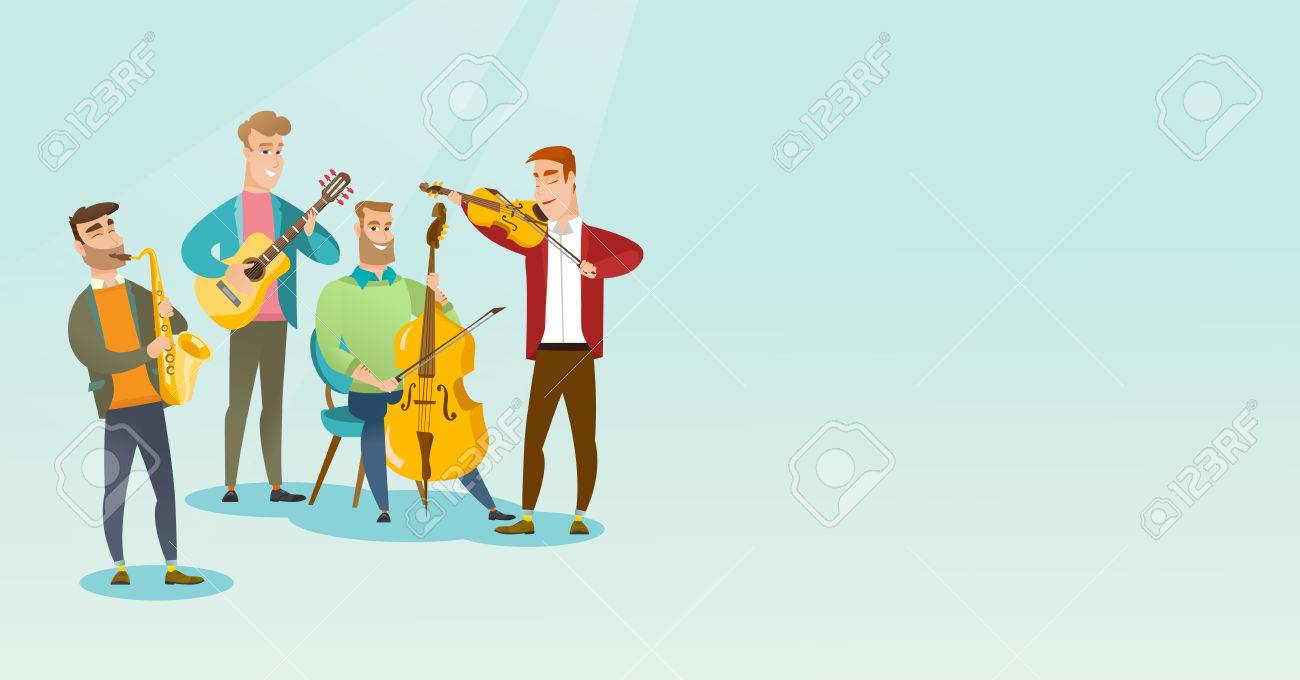 楽器を演奏するミュージシャンのバンド 楽器演奏の若いミュージシャンのグループ 楽器を使って演奏するミュージシャンのバンド ベクトル フラットなデザイン イラスト 水平方向のレイアウト のイラスト素材 ベクタ Image