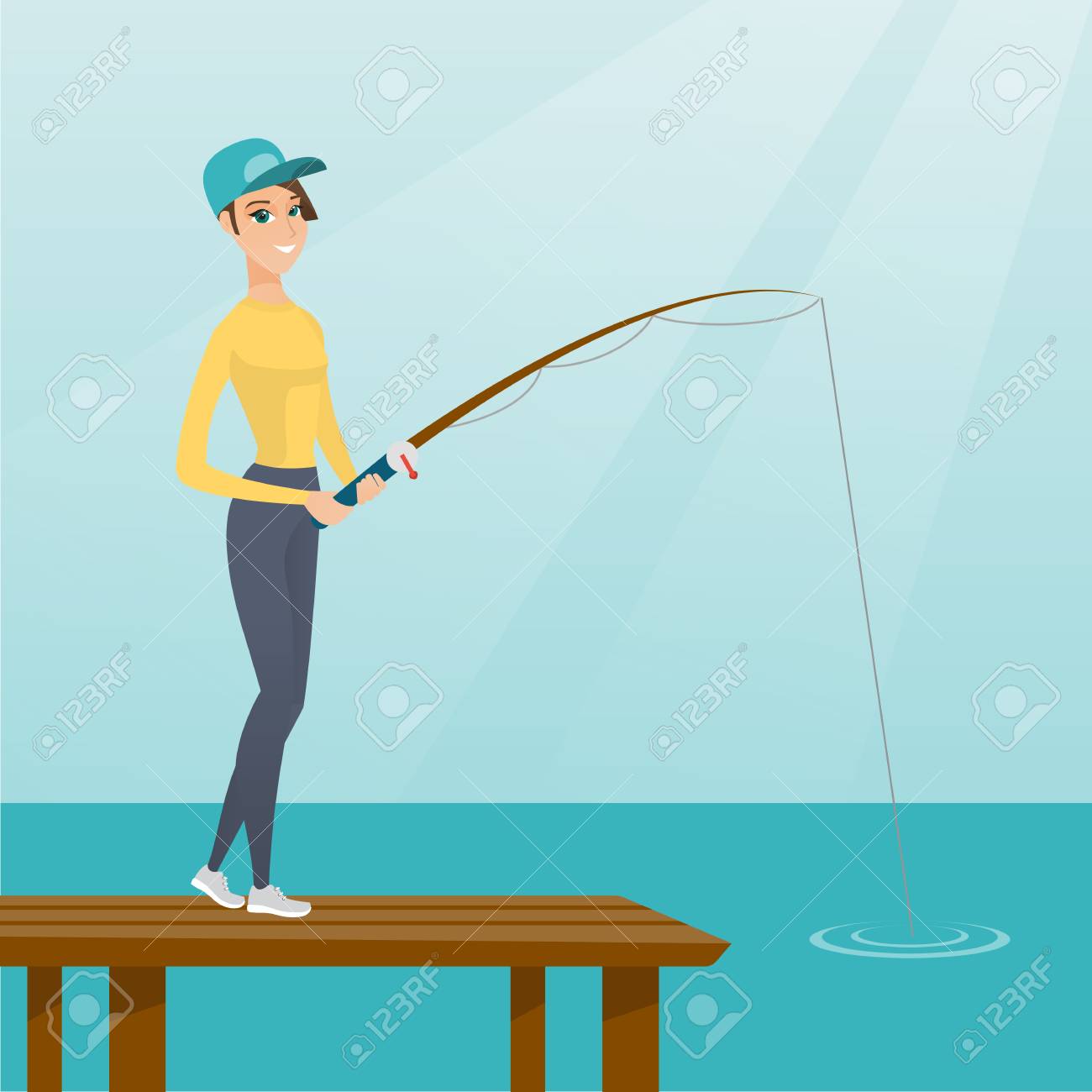 桟橋で釣り中にリラックスした若い白人女性 陽気な Fisherwoman 湖で釣り 釣り人の手で釣り竿と桟橋の上に立って ベクトル フラットなデザイン イラスト 正方形のレイアウト のイラスト素材 ベクタ Image