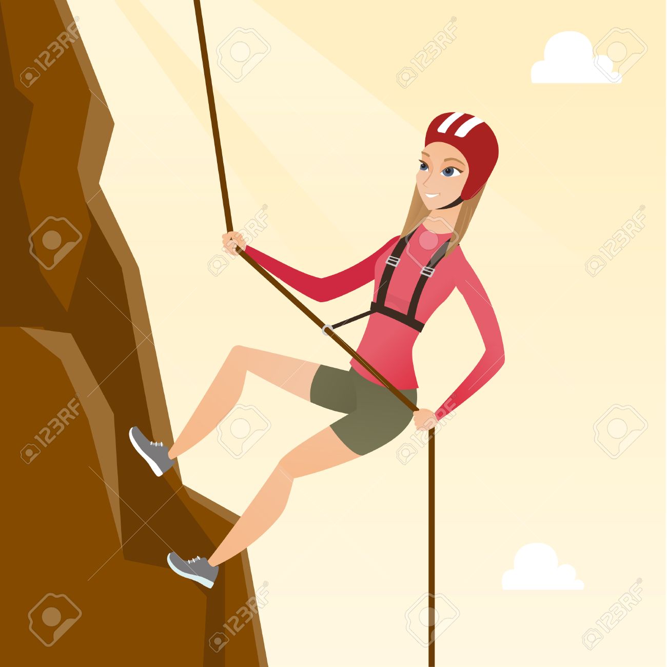 Young climber in protective helmet climbing a mountain. Caucasian smiling woman climbing a mountain with a rope. Sport and leisure activity concept. Vector flat design illustration. Square layout. - 81273417 Young climber in protective helmet climbing a mountain. Caucasian smiling woman climbing a mountain with a rope. Sport and leisure activity concept. Vector flat design illustration. Square layout. - 81273417
