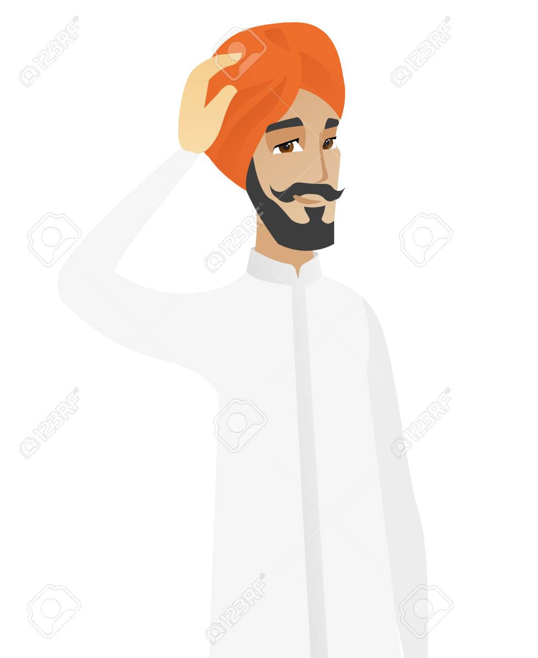 ヒンドゥー教のビジネスマンの頭を悩ま 頭をかく青年の思いやりのある実業家 困惑したビジネスマンの頭を悩ま ベクトル フラットなデザイン イラスト は 白い背景で隔離 のイラスト素材 ベクタ Image