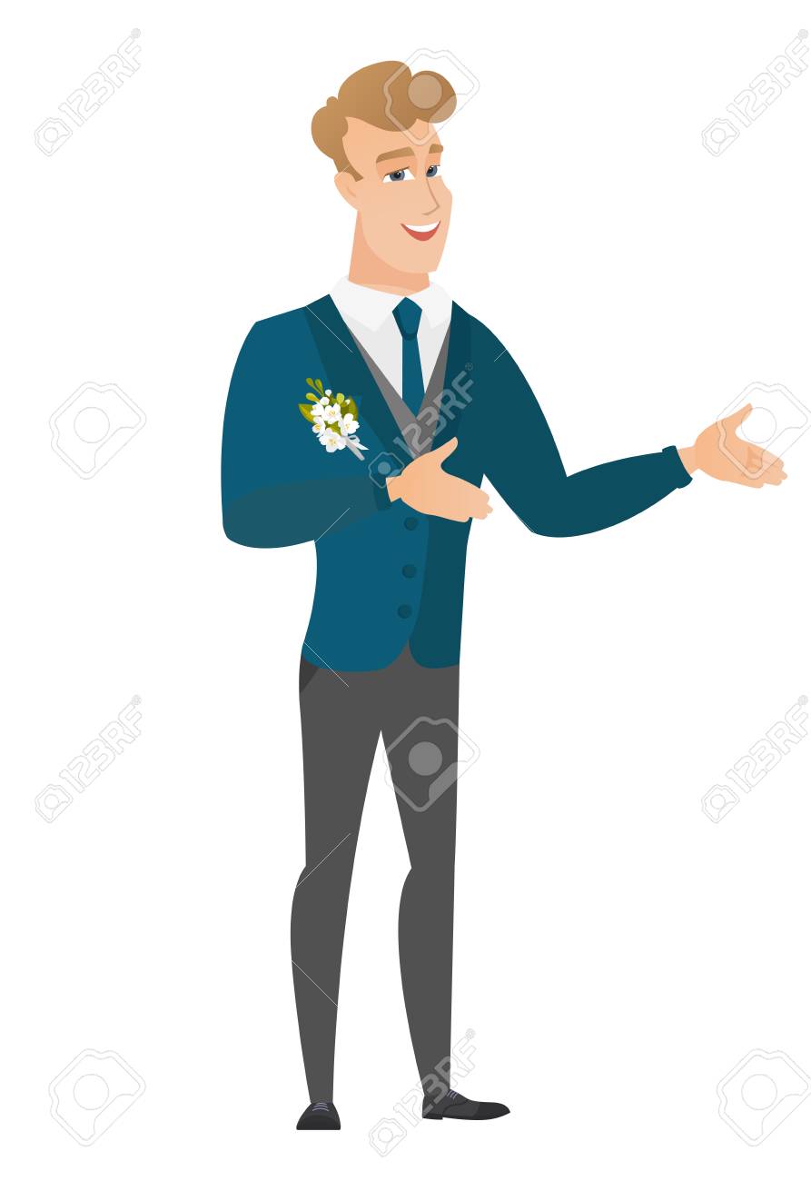 白人の幸せな新郎身振りで示します 彼の手でジェスチャー結婚式スーツで陽気な新郎の全長 新郎笑って 身振りで示します ベクトル フラットなデザイン イラストは 白い背景で隔離 のイラスト素材 ベクタ Image