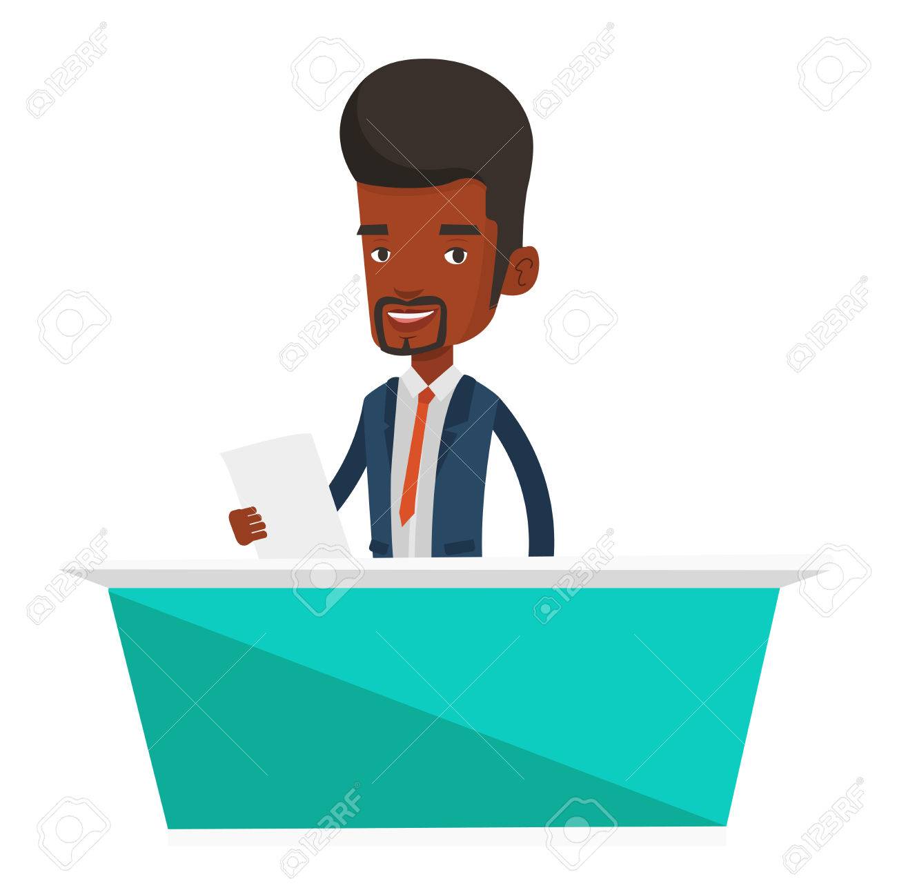 アフリカ系アメリカ人のテレビのニュース キャスターの間にスタジオでライブ中継 テレビのニュース キャスターがスタジオでの作業します テレビのニュース キャスターがニュースを報告します ベクトル フラットなデザイン イラストは 白い背景で隔離 のイラスト素材