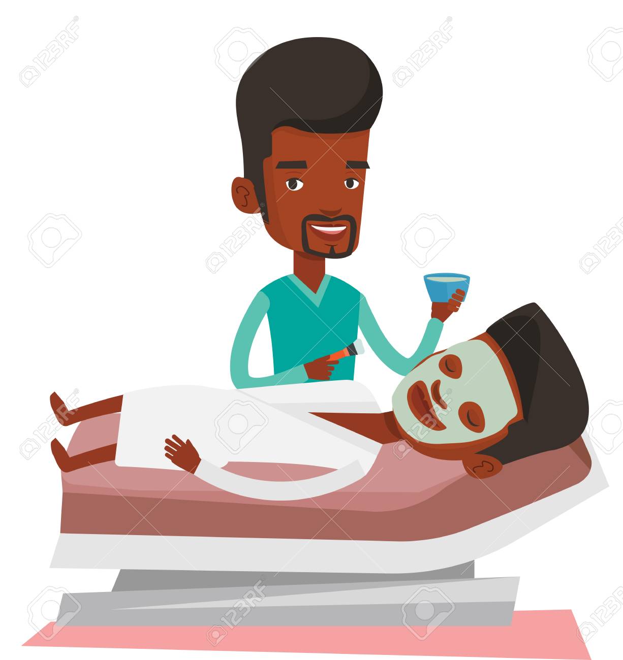アフリカの美容師は 美容サロンでのクライアントの顔に化粧品のマスクを適用します 若い男の美容治療中にサロンのテーブルに横になっています ベクトル フラットなデザイン イラストは 白い背景で隔離 のイラスト素材 ベクタ Image