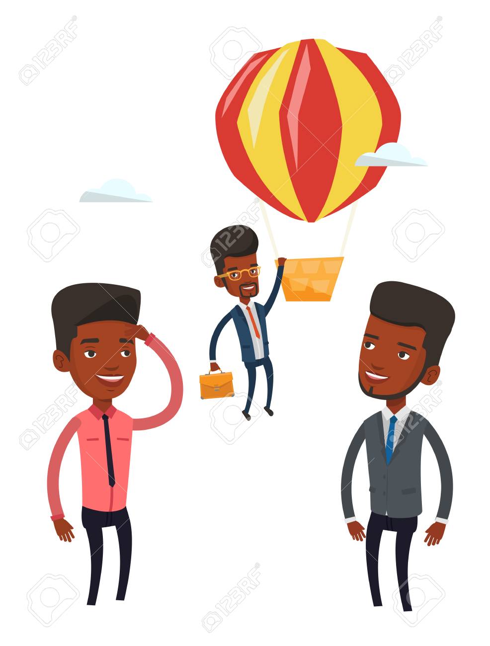 young smiling african employee flying away in a balloon hardworking hard working employee