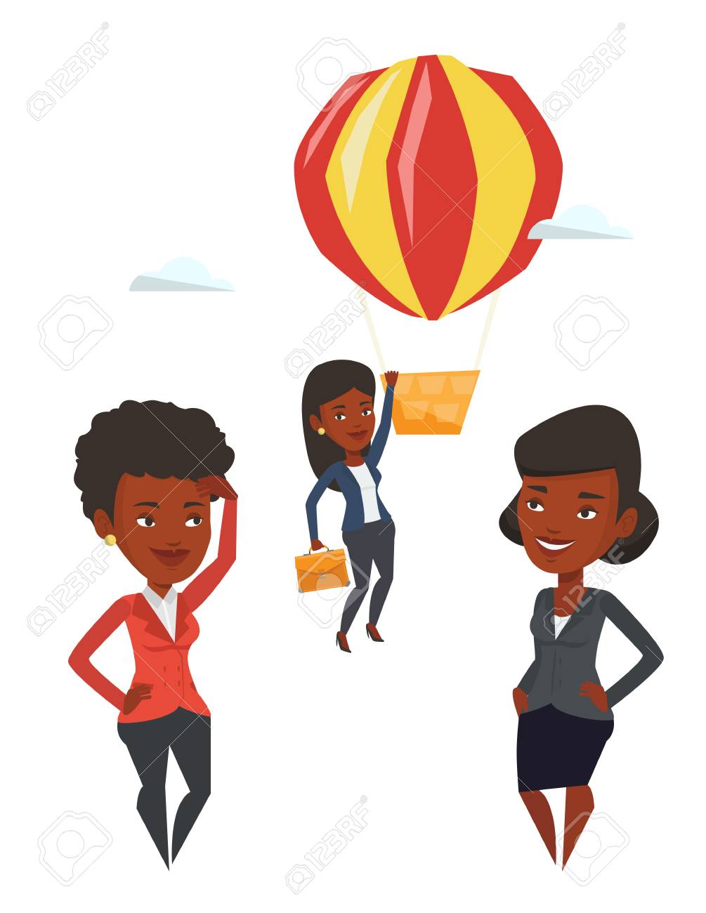 young smiling african employee flying away in a balloon hardworking hard working employee