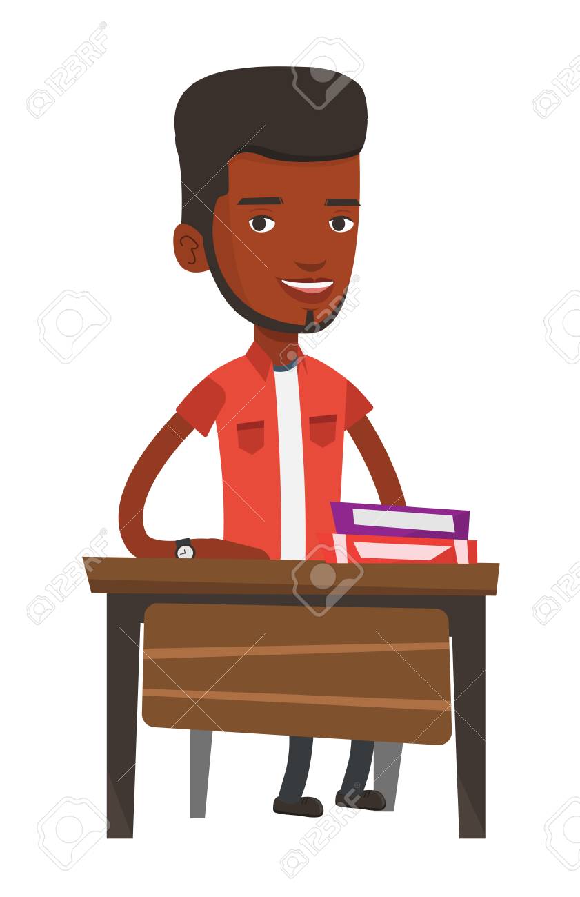 アフリカ系アメリカ人学生が本の山を机に座っています 学校の授業で座っている学生を笑っています 教室で座っている学生 ベクトル フラットなデザイン イラストは 白い背景で隔離 のイラスト素材 ベクタ Image