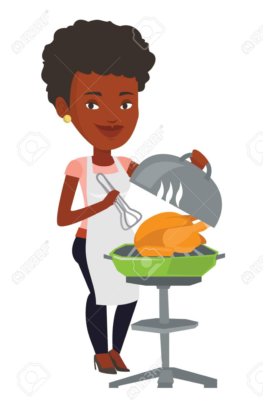 料理チキンのバーベキュー グリルでアフリカ系アメリカ人の女性 バーベキュー パーティーの女性 女性準備チキン バーベキューをグリルします ベクトル フラットなデザイン イラストは 白い背景で隔離 のイラスト素材 ベクタ Image