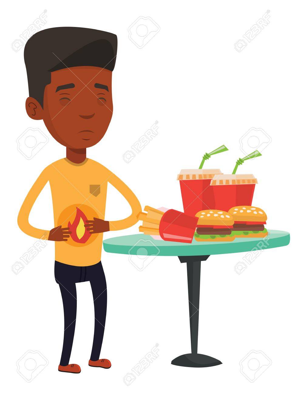 African American Man Suffering From Heartburn Young Man Having Stomach Ache From Heartburn Man Having Stomach Ache After Fast Food Vector Flat Design Illustration Isolated On White Background Royalty Free Cliparts Vectors And