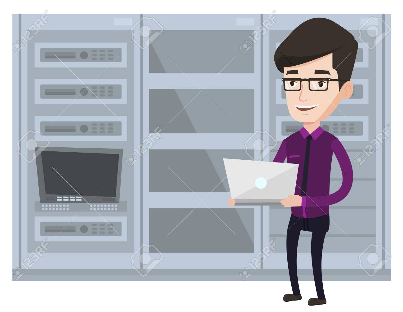 ネットワーク サーバー ルームで作業ノート パソコンとエンジニア リングします エンジニア ネットワーク サーバー ルームに立っています ネットワーク エンジニアは サーバー ルームでラップトップを使用して 白い背景に分離されたベクトル フラット設計図のイラスト