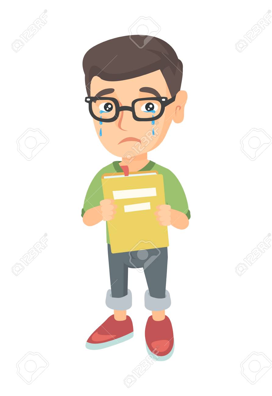 白人は 涙を流して 本を示す小さな男の子を混乱させます 悲しい少年泣いていると手で本を保持します ベクター スケッチ漫画イラスト白背景に分離します の イラスト素材 ベクタ Image