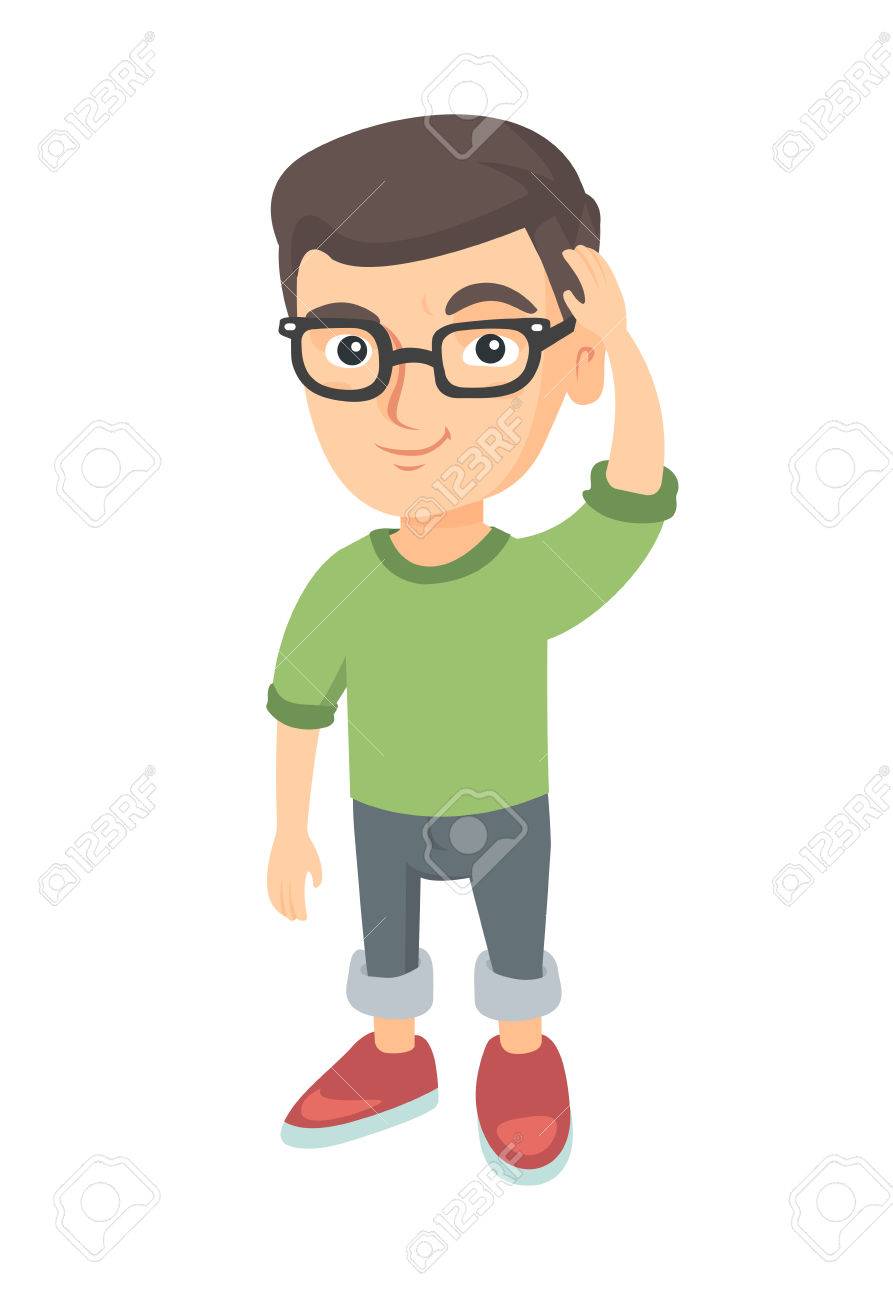 Verwirrter Kaukasischer Kleiner Junge Der Kopf Kratzt Nachdenklicher Junge In Glasern Die Seinen Kopf Kratzen Verwirrter Junge Der Seinen Kopf Kratzt Vector Skizze Cartoon Illustration Isoliert Auf Weissem Hintergrund Lizenzfrei Nutzbare