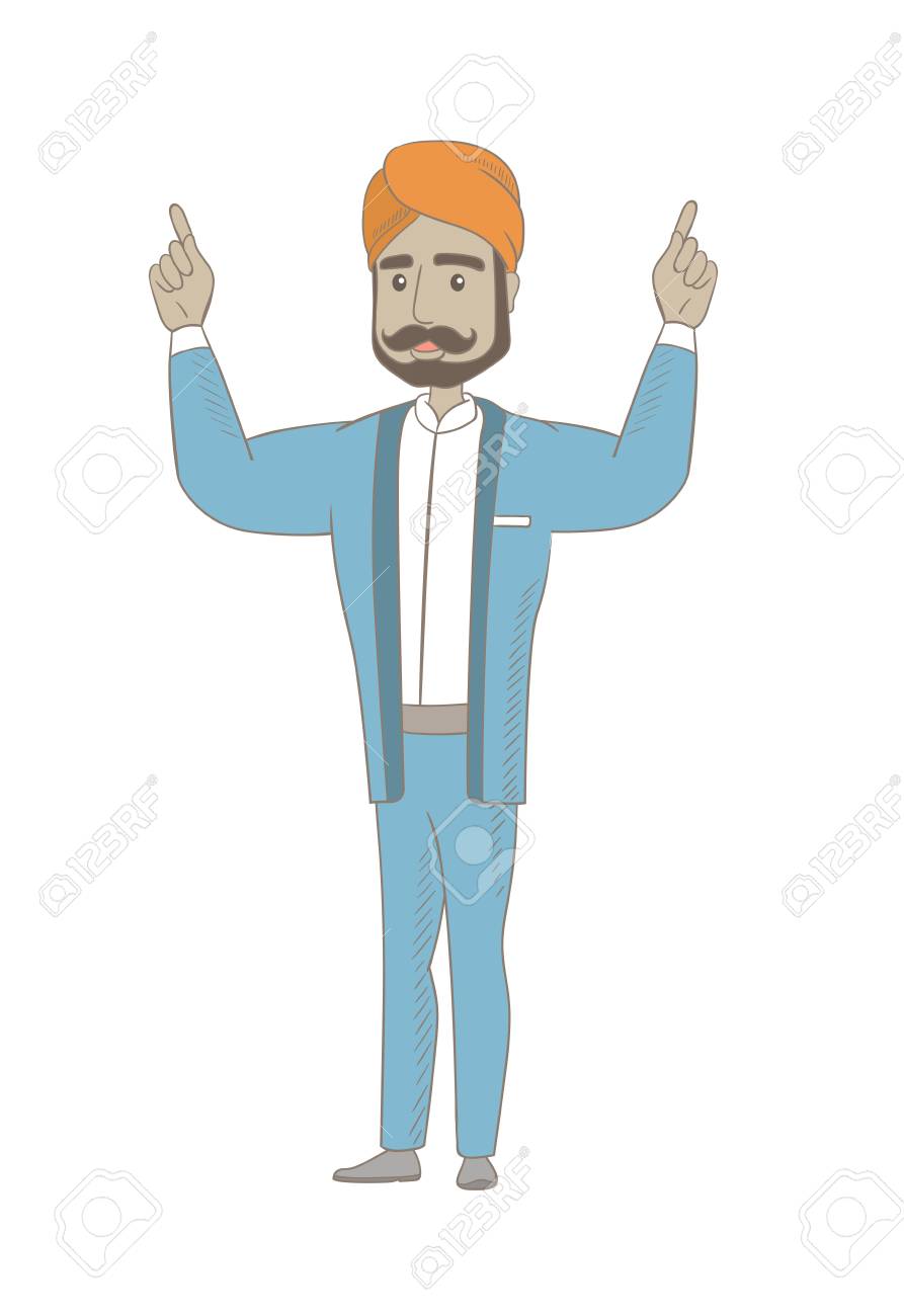 立って両手を上げ成功したヒンドゥー教の実業家 祝う青年実業家の完全な長さを腕の中に発生します ベクター スケッチ漫画イラスト白背景に分離します のイラスト素材 ベクタ Image