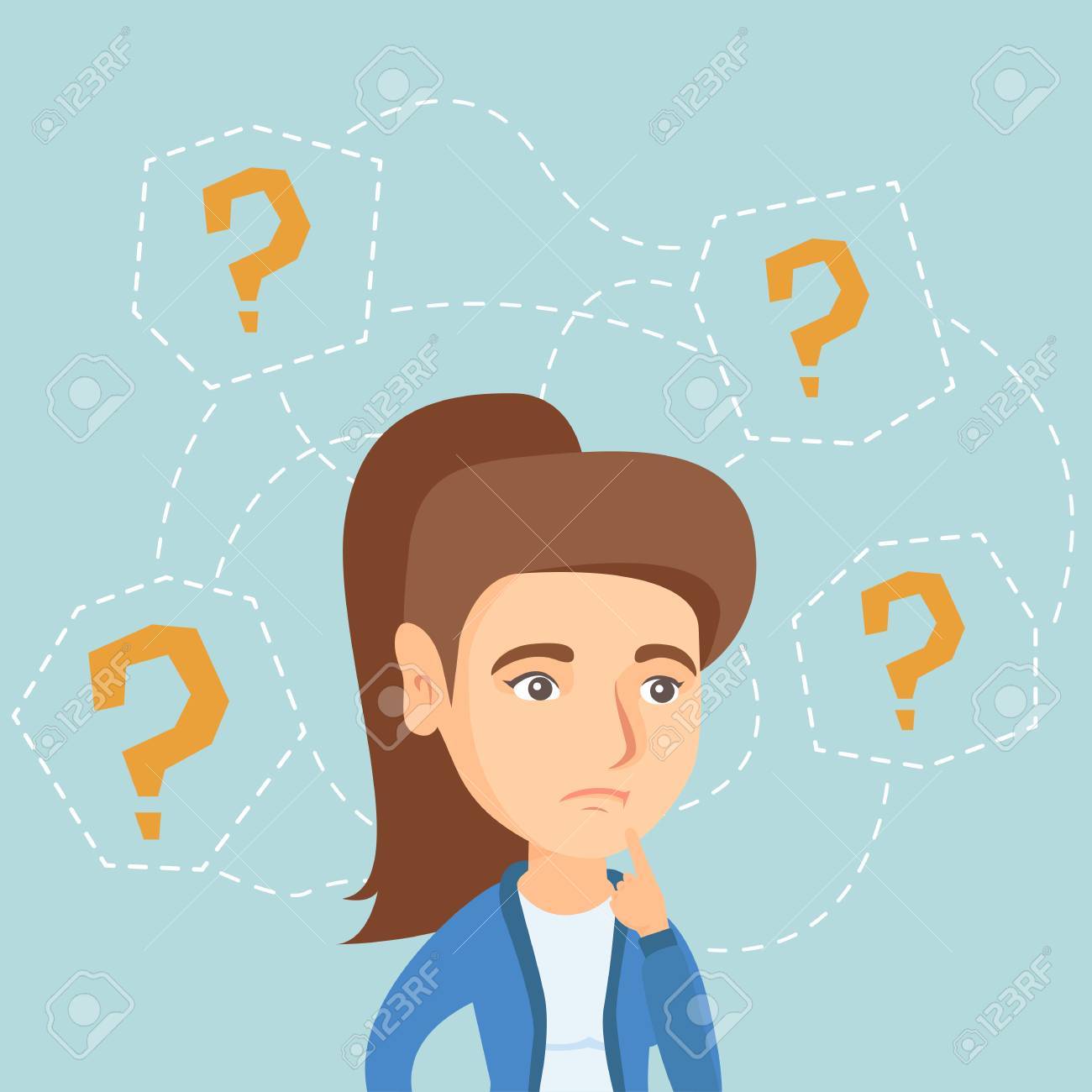 Denkende Geschaftsfrau Die Unter Fragezeichen Steht Junge Kaukasische Geschaftsfrau Denken Sie Die Geschaftsfrau Die Von Fragezeichen Umgeben Vektor Cartoon Illustration Quadratisches Layout Lizenzfrei Nutzbare Vektorgrafiken Clip Arts