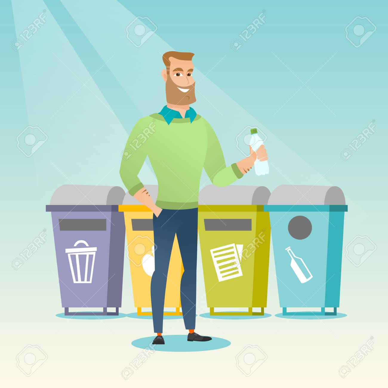 白人ヒップ男はゴミを捨てます 4 つのゴミ箱の近くに立って 適切な箱にゴミを捨てる人 ゴミの分別という概念 ベクトル フラットなデザイン イラスト 正方形のレイアウト のイラスト素材 ベクタ Image