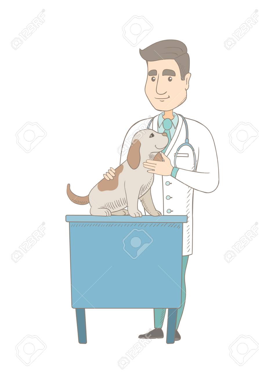 白人の獣医病院で犬を調べるします 獣医師獣医診療所に犬をチェックします 医学とペットの世話の概念 ベクター スケッチ漫画イラスト白背景に分離します の イラスト素材 ベクタ Image