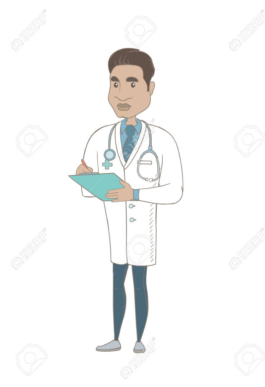 ヒスパニック系の医者は メモ帳でメモを書きます 若い医者が健康診断の結果を書き込みます 医師の書く処方箋 ベクター スケッチ漫画イラスト 白背景に分離します のイラスト素材 ベクタ Image