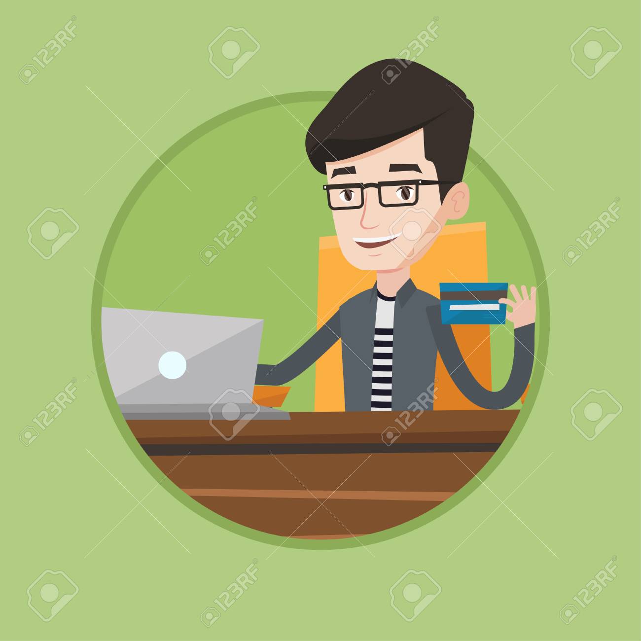 男はノート パソコンとテーブルに座って手にクレジット カードを保持しています オンライン ショッピングのラップトップを使用している人 オンライン ショッピングの男 ベクター背景に分離されたサークルでフラットなデザイン イラスト のイラスト素材 ベクタ