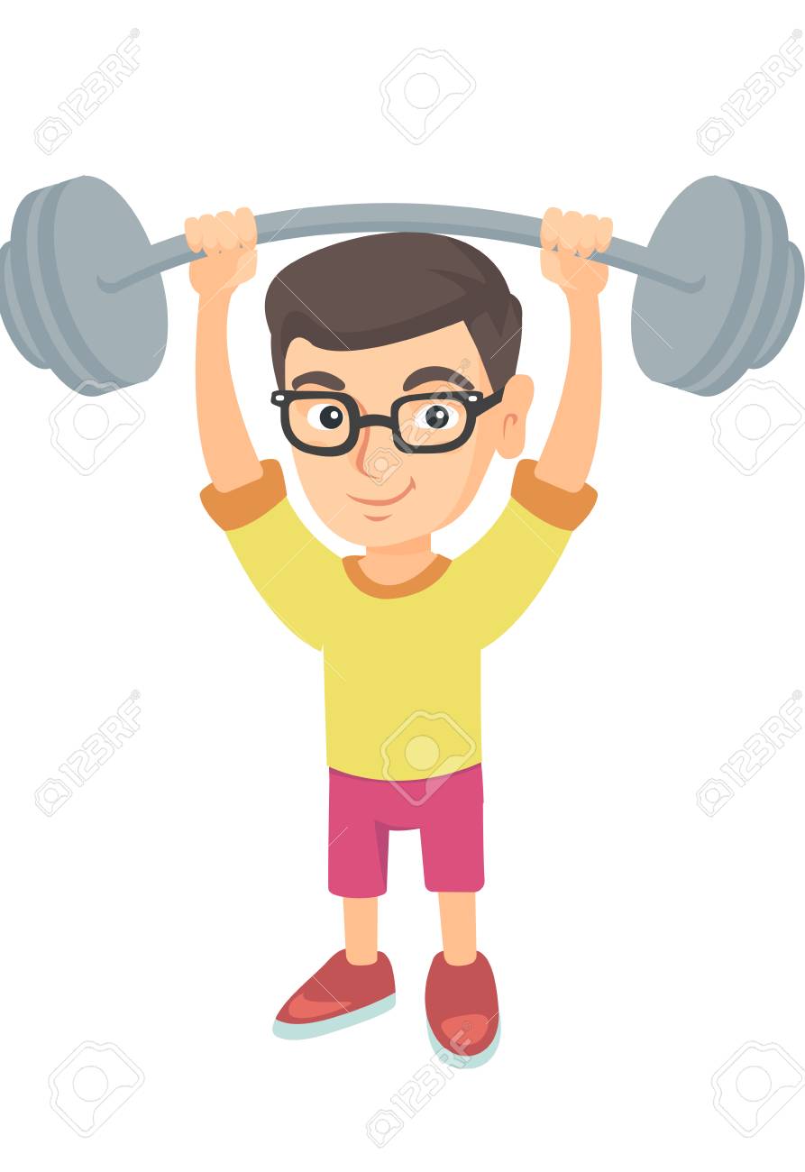 Niño Caucásico Fuerte Que Levanta Una Barra Pesada. Niño En El De Ropa Deportiva Con Barra. Muchacho Feliz Que Sostiene Una Barra. Ilustración De Dibujos Animados De Dibujo Vectorial Aislado Sobre
