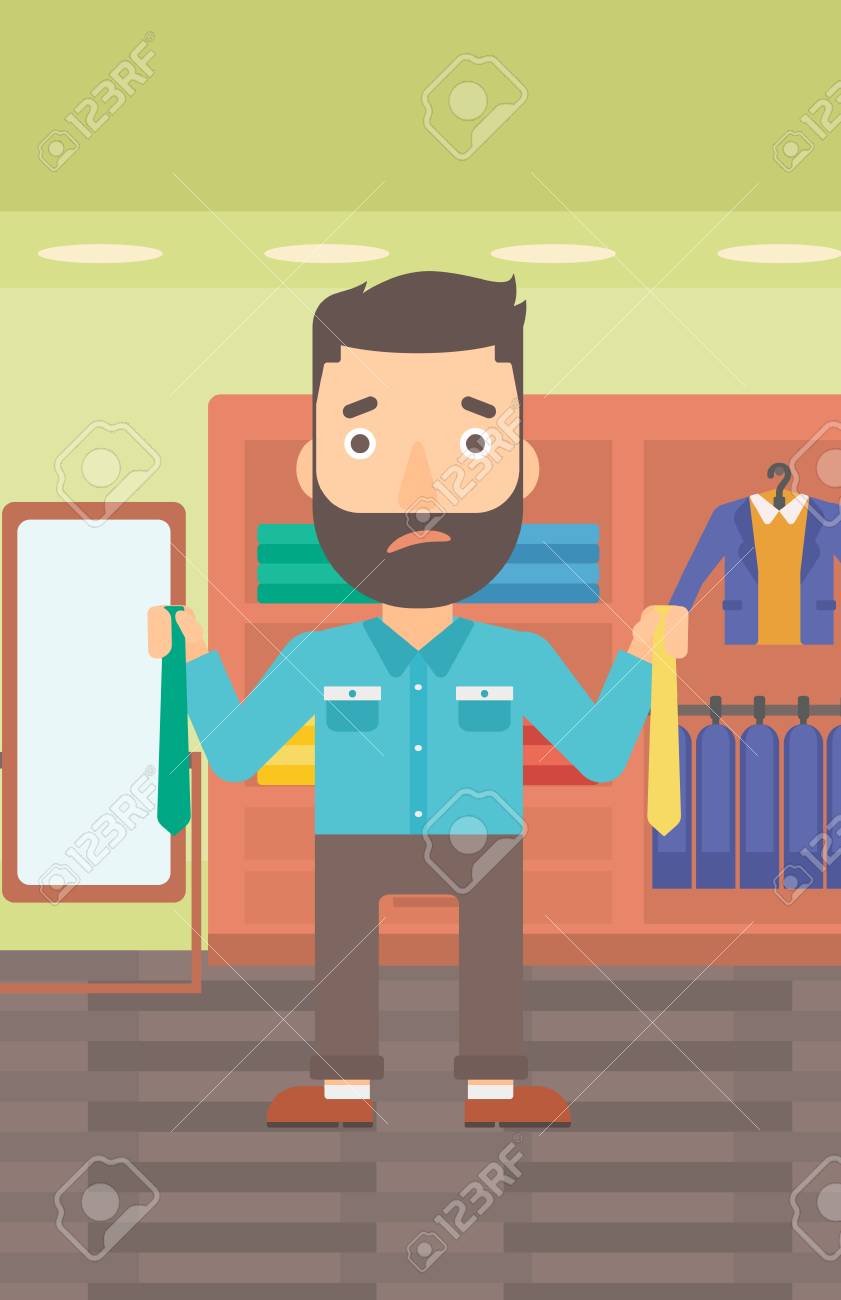 2 つ別のネクタイを押し服店ベクトル フラット デザイン イラストの背景に最高の 1 つを選択しようとすると ひげと流行に敏感な男 縦型レイアウト の イラスト素材 ベクタ Image