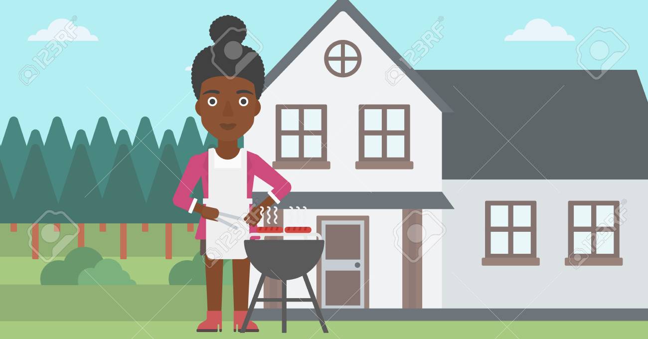 家ベクトル フラット設計図の前の庭でバーベキューを準備するアフリカ系アメリカ人の女性 水平方向のレイアウト のイラスト素材 ベクタ Image