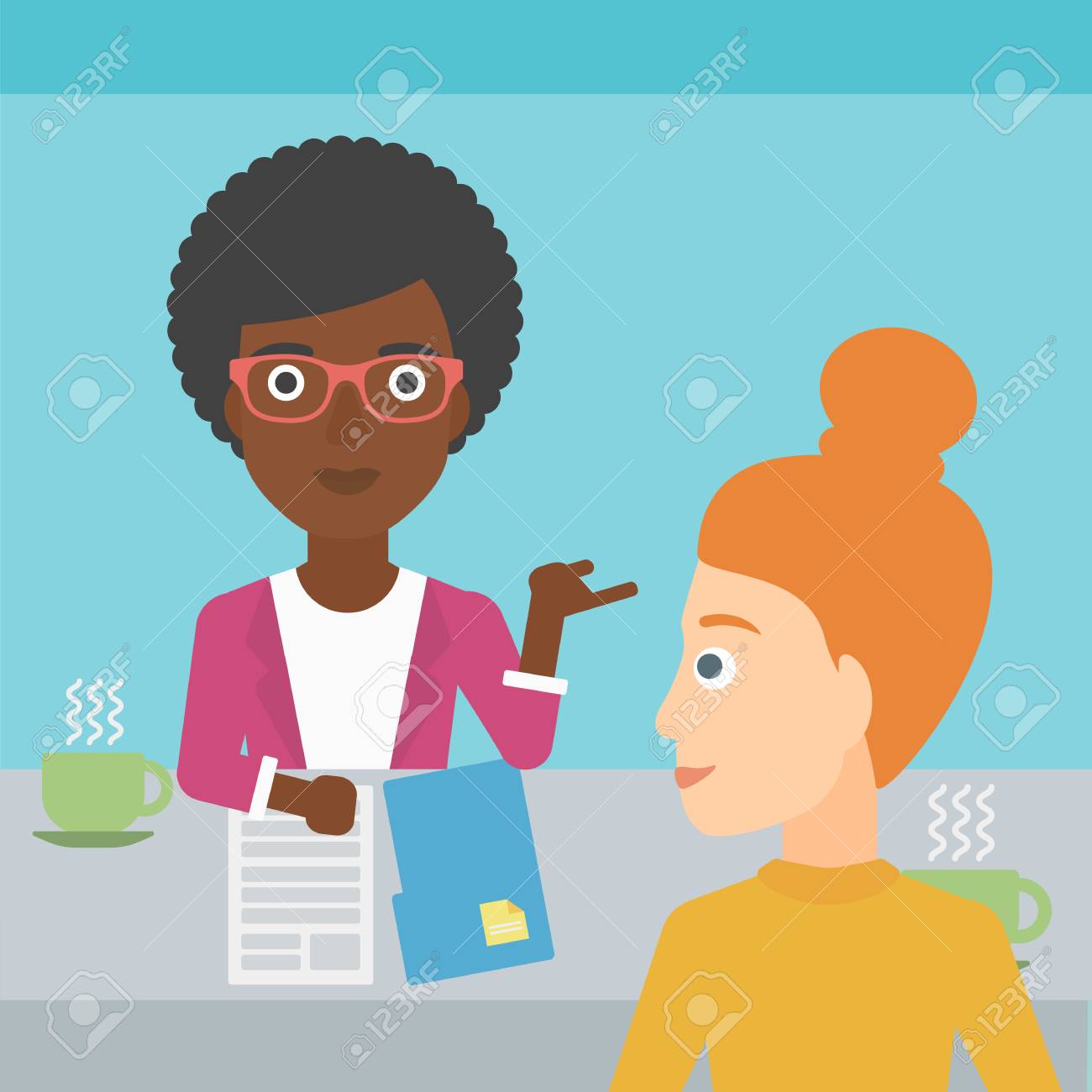 明るい青の背景ベクトル フラット設計図のアフリカ系アメリカ人女性をインタビューするジャーナリスト 正方形のレイアウト のイラスト素材 ベクタ Image