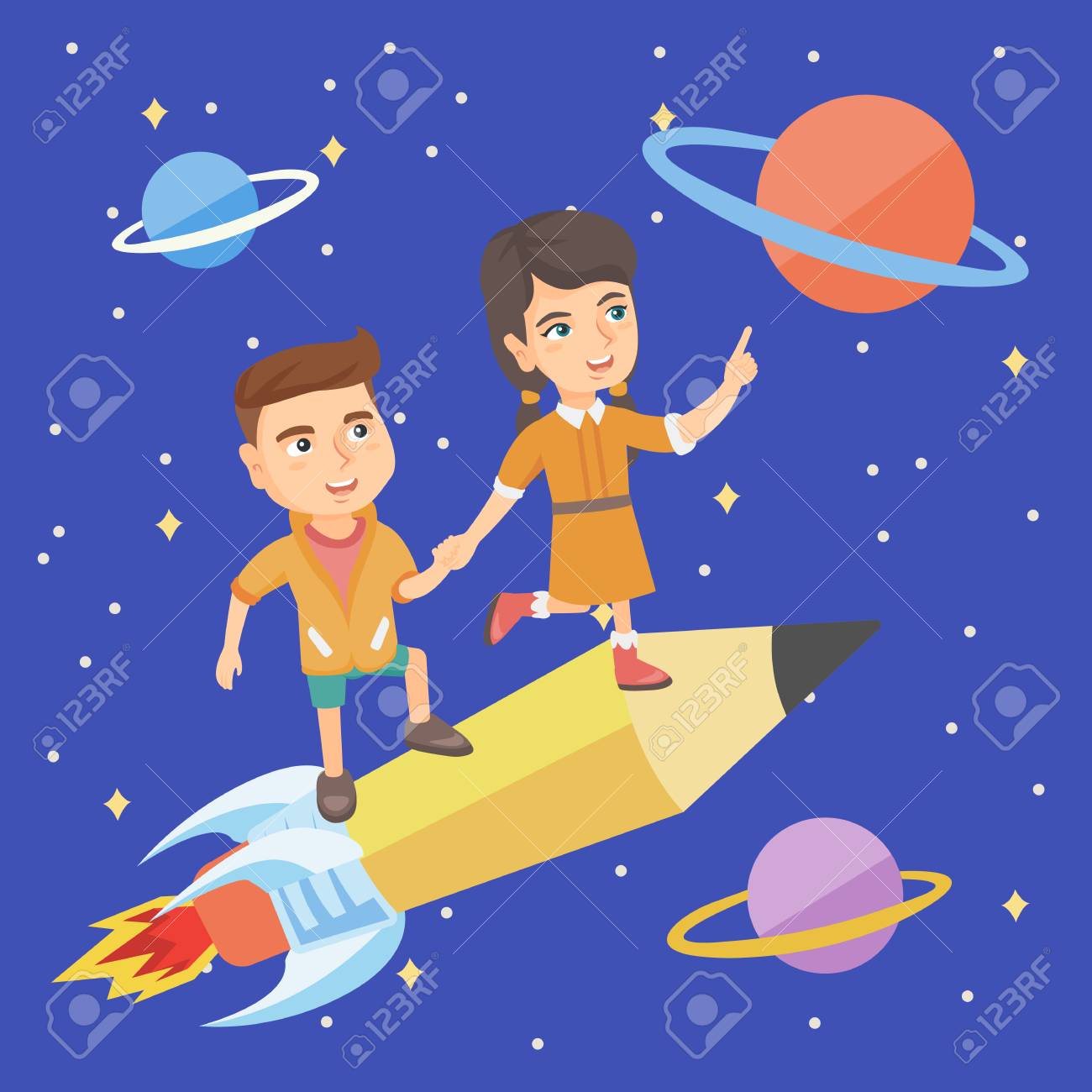 Little Caucasian Children Riding A Pencil Shaped As A Space Shuttle